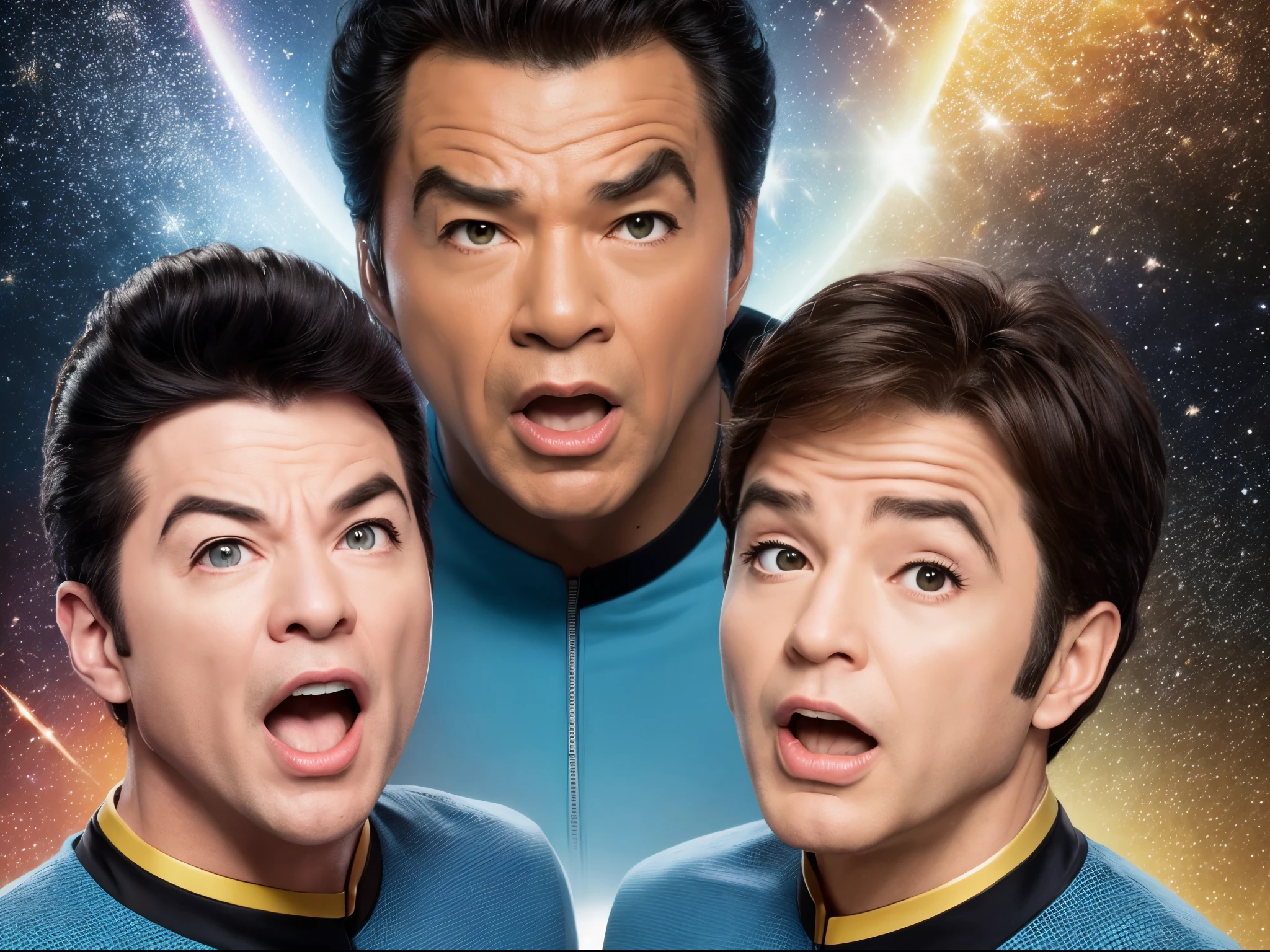 Create a hilarious moment from "Star Trek: The Original Series" with exaggerated facial expressions and comedic elements. Capture the essence of classic sitcom humor.