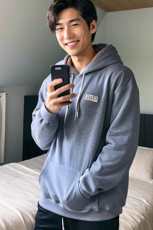 Smiling and handsome Japanese man in his 20s looking at his smartphone in his room,Upper body portrait,wearing hoodies