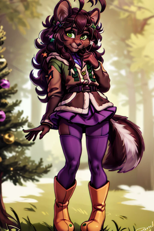 masterpiece, best quality,   anthro furry squirrel, 1girl, dark skin, green eyes, freckles, multicolored star hair ornaments, brown hair, ahoge, brown jacket, fur trim, purple pants, green skirt, yellow rainboots, full body, smile, button nose