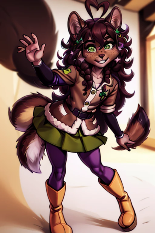 masterpiece, best quality,   anthro furry squirrel, 1girl, dark skin, green eyes, freckles, multicolored star hair ornaments, brown hair, ahoge, brown jacket, fur trim, purple pants, green skirt, yellow rainboots, full body, smile, button nose