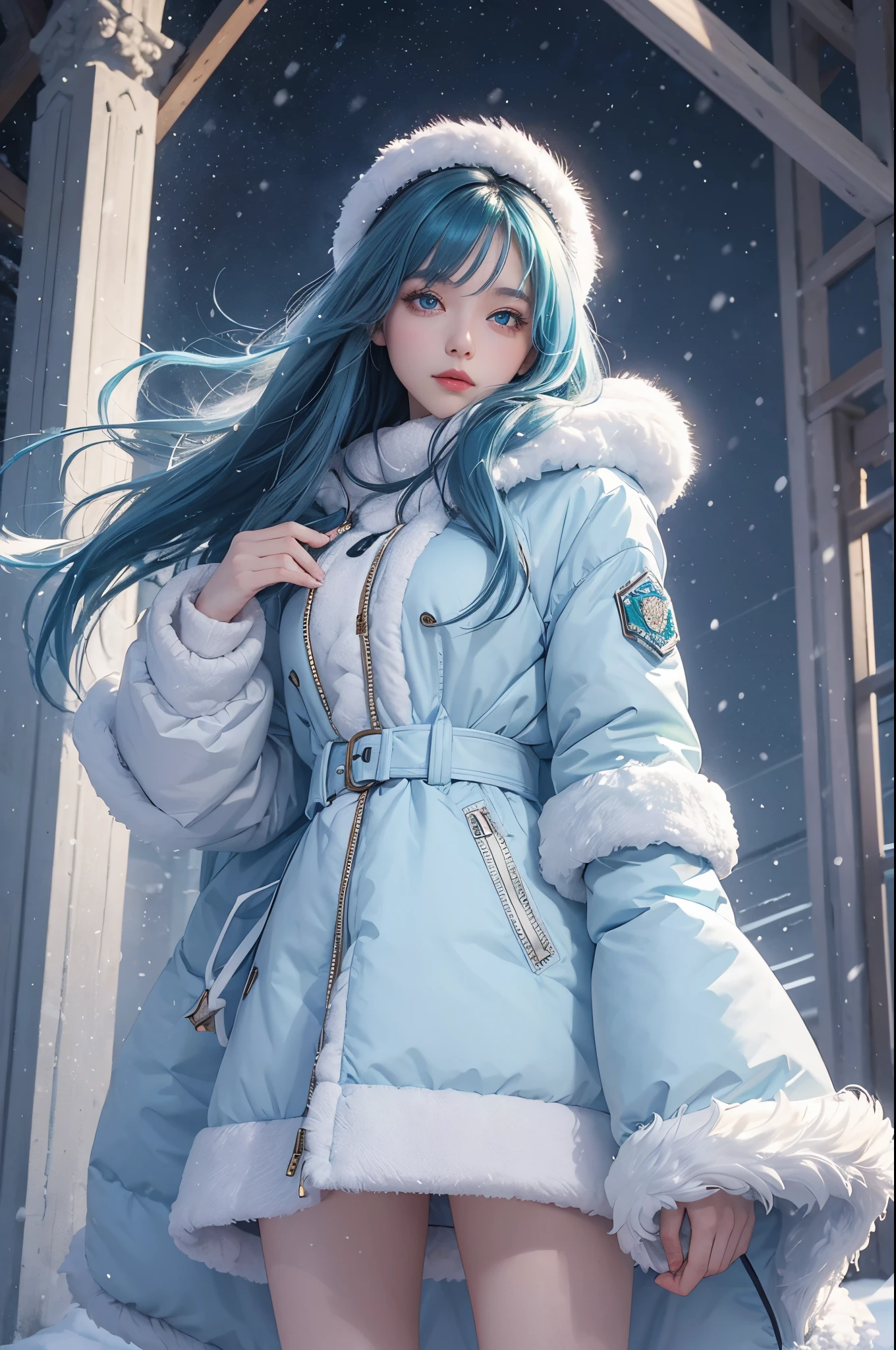 (tmasterpiece, Best quality at best),
It's snowing.
Composition of woman standing under snowy night sky. Her face very important.
her eyes are bright green,Hair light blue and white, Long and fluffy.
She wearing a down jacket and gloves.