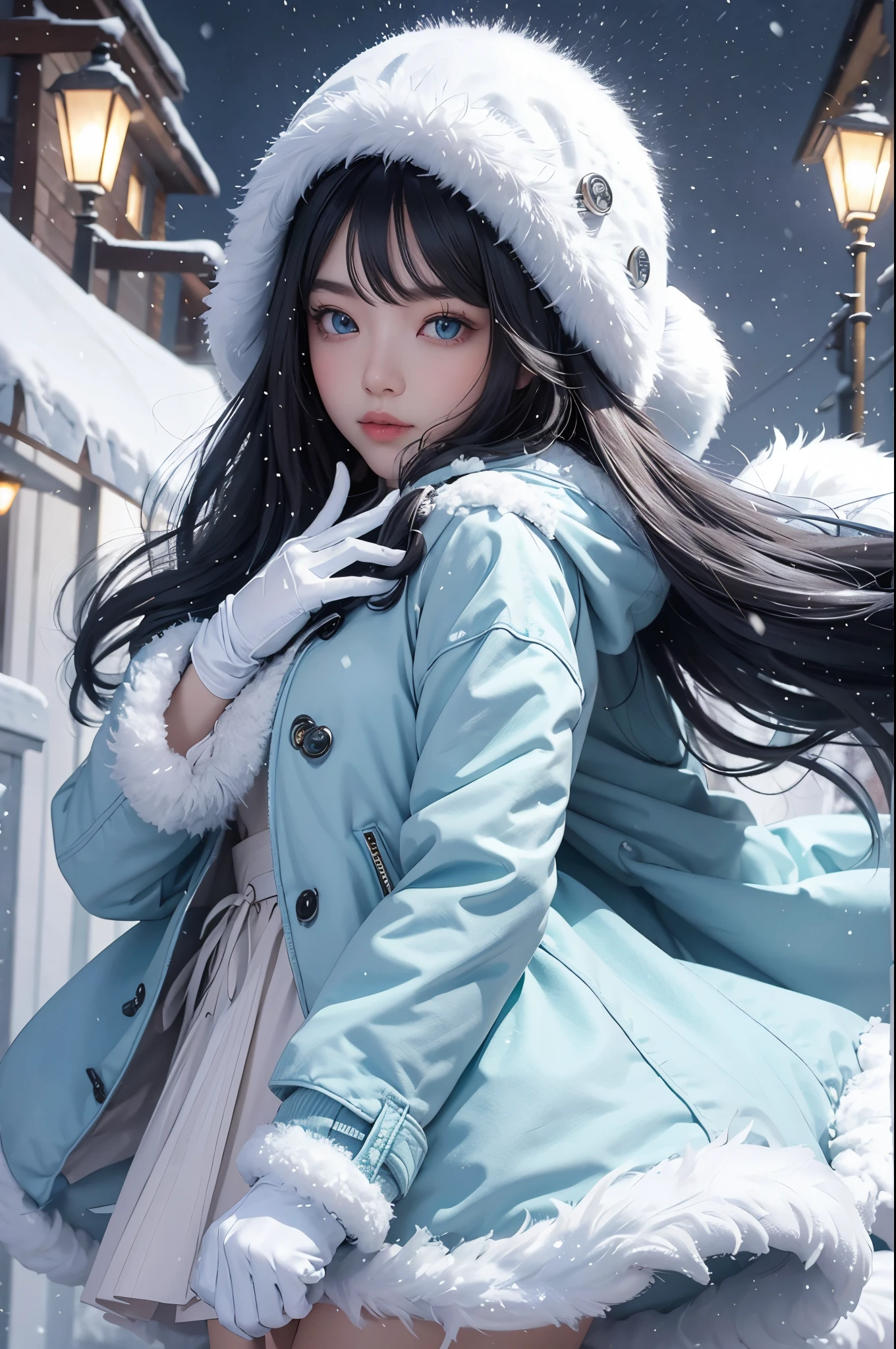 (tmasterpiece, Best quality at best),
It's snowing.
Composition of woman standing under snowy night sky. Her face  very important.
her eyes are bright green，Hair light blue and white, Long and fluffy.
She  wearing a down jacket and gloves.