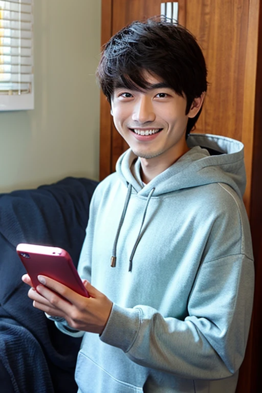 Smiling and handsome Japanese man in his 20s looking at his smartphone in his room,Upper body portrait,wearing hoodies
