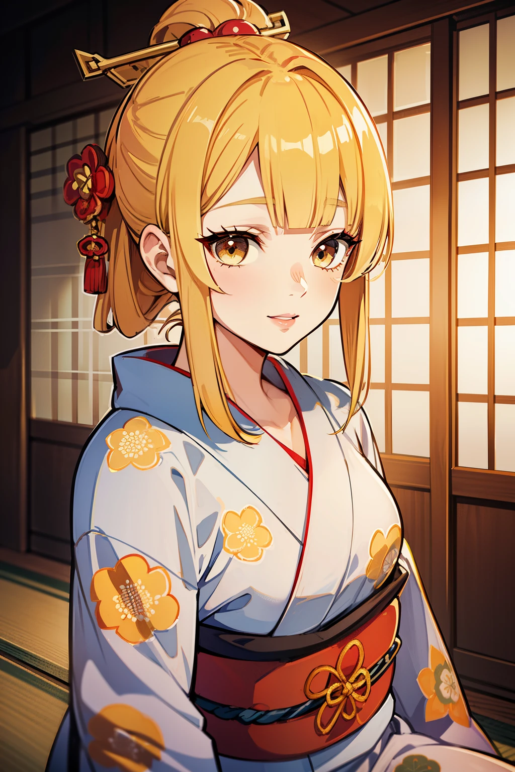 (high-quality, breathtaking),(expressive eyes, perfect face) (((yukata, sexy lips)), 1girl, female, solo, young adult, yellow blonde hair, brown coloured eyes, stylised hair, gentle smile, medium length hair, loose hair, side bangs, tied up, japanese clothing, elegant, soft make up, hair pin accessory in hair, oiran, demon slayer art style