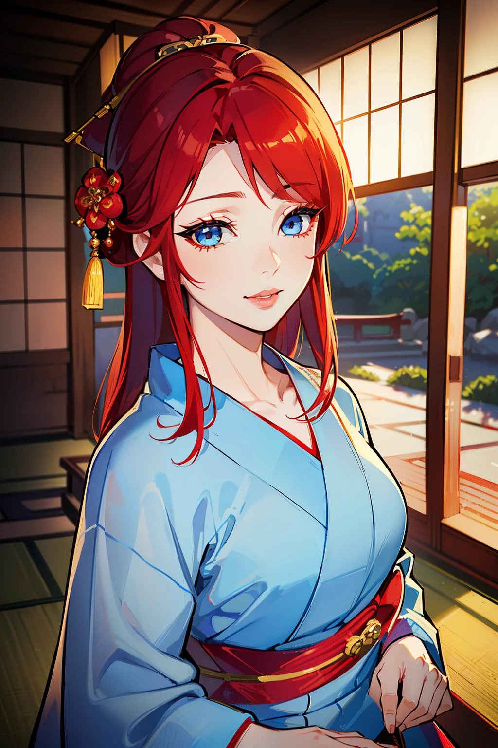 (high-quality, breathtaking),(expressive eyes, perfect face) (((yukata, sexy lips)), 1girl, female, solo, young adult, red hair, blue coloured eyes, stylised hair, gentle smile, medium length hair, loose hair, side bangs, japanese clothing, elegant, soft make up, hair pin accessory in hair, oiran, demon slayer art style