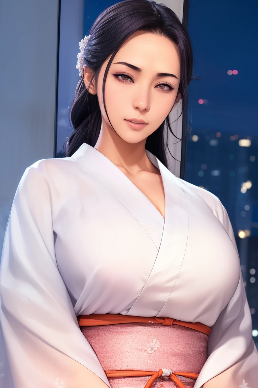 (Night:1.7), Japan, tokyo prefecture, CityView, Before Window,
standing at attention,
(white_Kimono:1.3),cleavage,
Black_hair, long_hair, hair_Pulled_Back,parted_Lips,Purple_Eyes, braid,
1 girl, 20yr old,infp young woman,Beautiful Finger,Beautiful long legs,Beautiful body,Beautiful nose,Beautiful character design, Perfect eyes, Perfect face,Expressive eyes,
Looking at Viewer, In the center of the image,(The upper part of the body_Body),(close-up),(Focus on her face),
Official art,the Extremely Detailed CG Unity 8K Wallpapers, Perfect Lighting,Colorful, Bright_front_Face_Lighting,Shiny skin, 
(masutepiece:1.0),(best_quality:1.0), 超A high resolution,4K,Ultra-detailed,
Photography, 8K, nffsw, hight resolution, absurderes:1.2, Kodak Portra 400, Film grain, Blurry background, Bokeh:1.2, Lens Flare, (Vibrant_Color:1.2)
(Beautiful,Large_breasts:1.4), (Beautiful_Face:1.5),(narrow_waist),