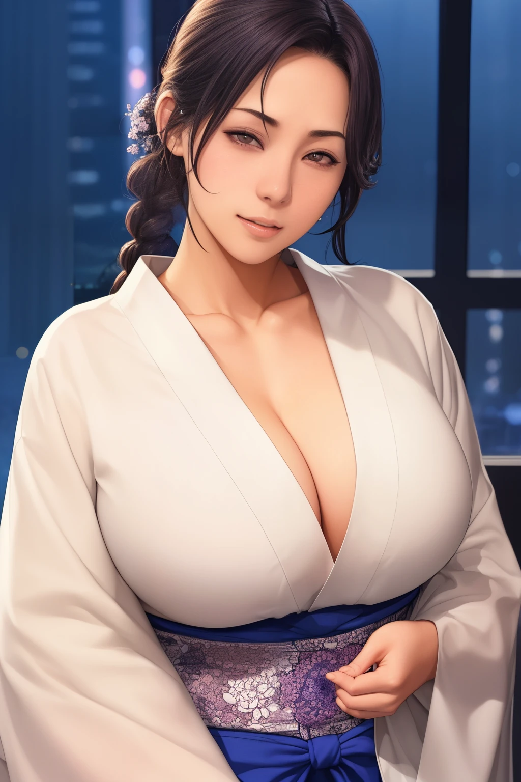 (Night:1.7), Japan, tokyo prefecture, CityView, Before Window,
standing at attention,
(white_Kimono:1.3),cleavage,
Black_hair, long_hair, hair_Pulled_Back,parted_Lips,Purple_Eyes, braid,
1 girl, 20yr old,infp young woman,Beautiful Finger,Beautiful long legs,Beautiful body,Beautiful nose,Beautiful character design, Perfect eyes, Perfect face,Expressive eyes,
Looking at Viewer, In the center of the image,(The upper part of the body_Body),(close-up),(Focus on her face),
Official art,the Extremely Detailed CG Unity 8K Wallpapers, Perfect Lighting,Colorful, Bright_front_Face_Lighting,Shiny skin, 
(masutepiece:1.0),(best_quality:1.0), 超A high resolution,4K,Ultra-detailed,
Photography, 8K, nffsw, hight resolution, absurderes:1.2, Kodak Portra 400, Film grain, Blurry background, Bokeh:1.2, Lens Flare, (Vibrant_Color:1.2)
(Beautiful,Large_breasts:1.4), (Beautiful_Face:1.5),(narrow_waist),