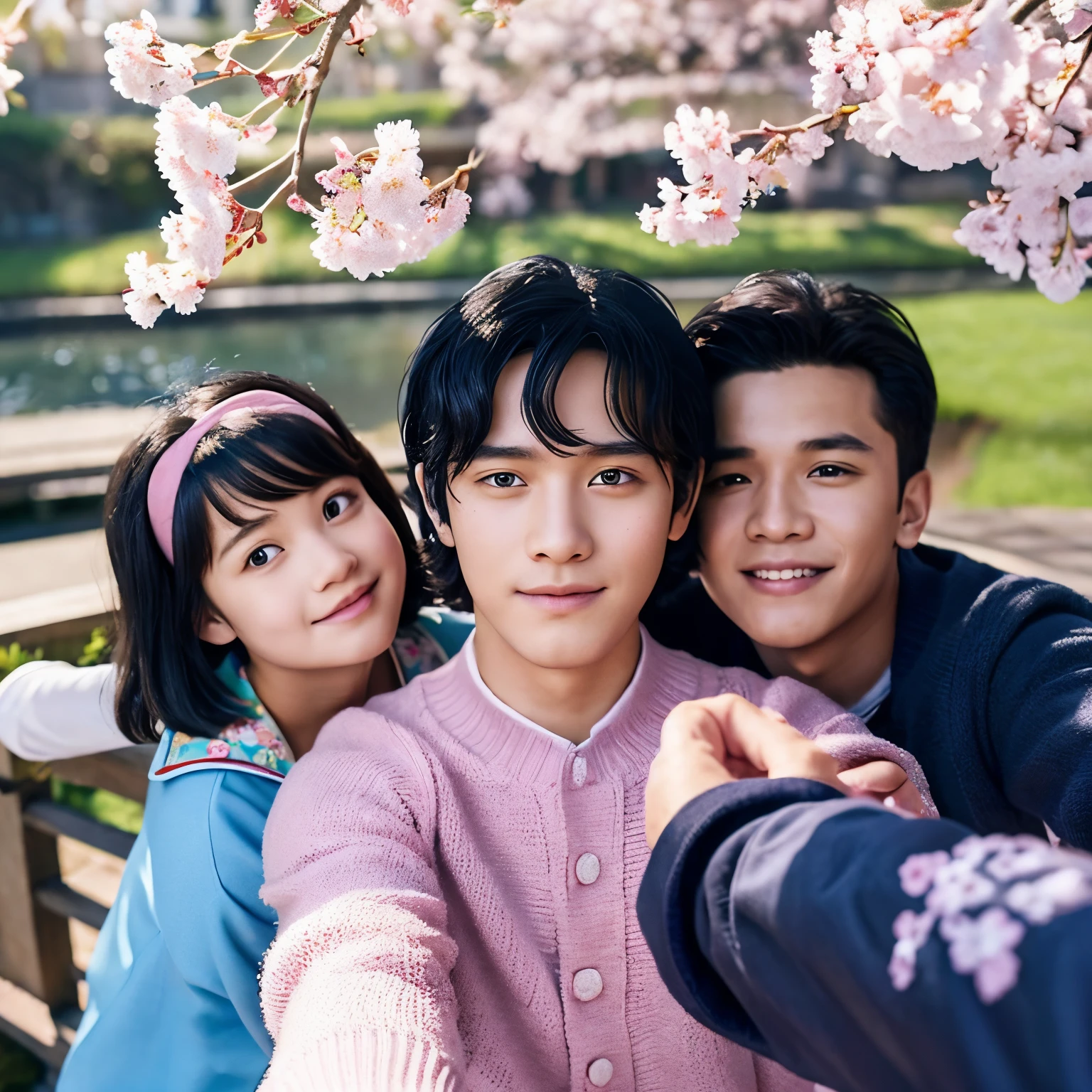 The boy taking a selfie with cherry blossoms in the background in the Disney Pixar poster has black hair and is wearing a blue style jacket.。The girl next to him has her face close to the boy&#39;s right cheek, has black bob hair, a pink headband, and is wearing a pink knitwear.。