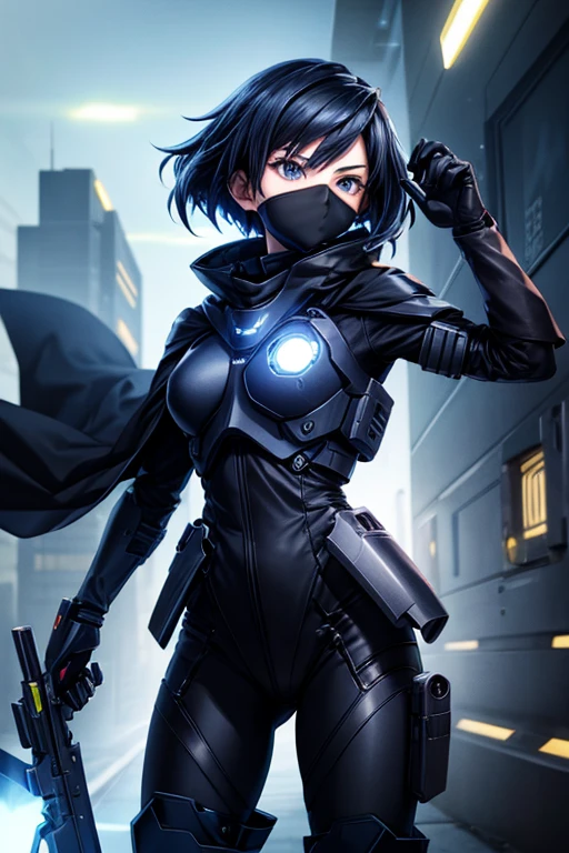 Anime,female,cyborg,blindfold,blue night vision goggles, holster, black gloves, utility belt,black cape, blue hair,exo suit,armor,blue plasma sword