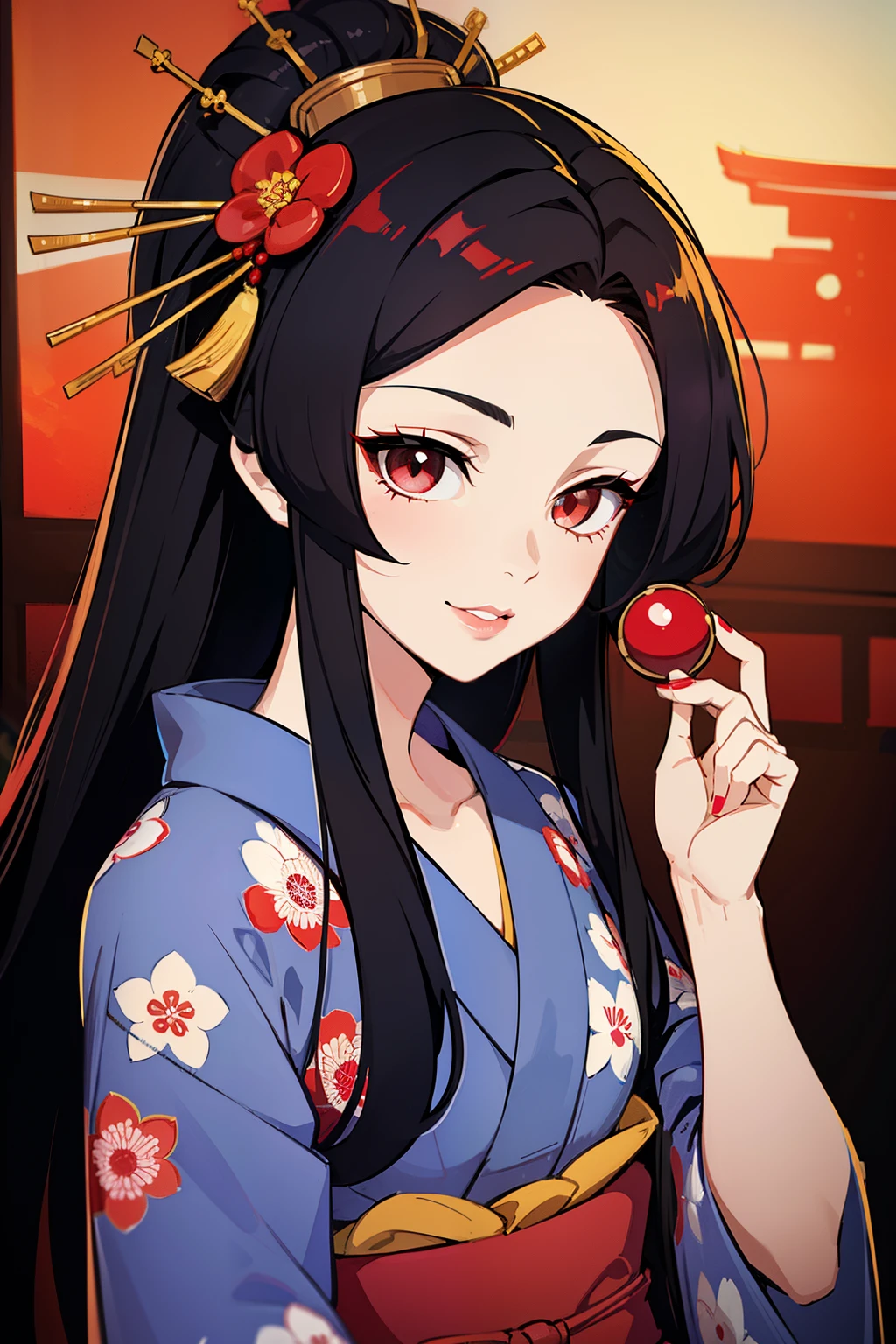 (high-quality, breathtaking),(expressive eyes, perfect face) (((yukata, sexy lips)), 1girl, female, solo, young adult, black hair, red streaks in hair, red coloured eyes, stylised hair, gentle smile, long length hair, loose hair, side bangs, japanese clothing, elegant, soft make up, hair pin accessory in hair, oiran, demon slayer art style