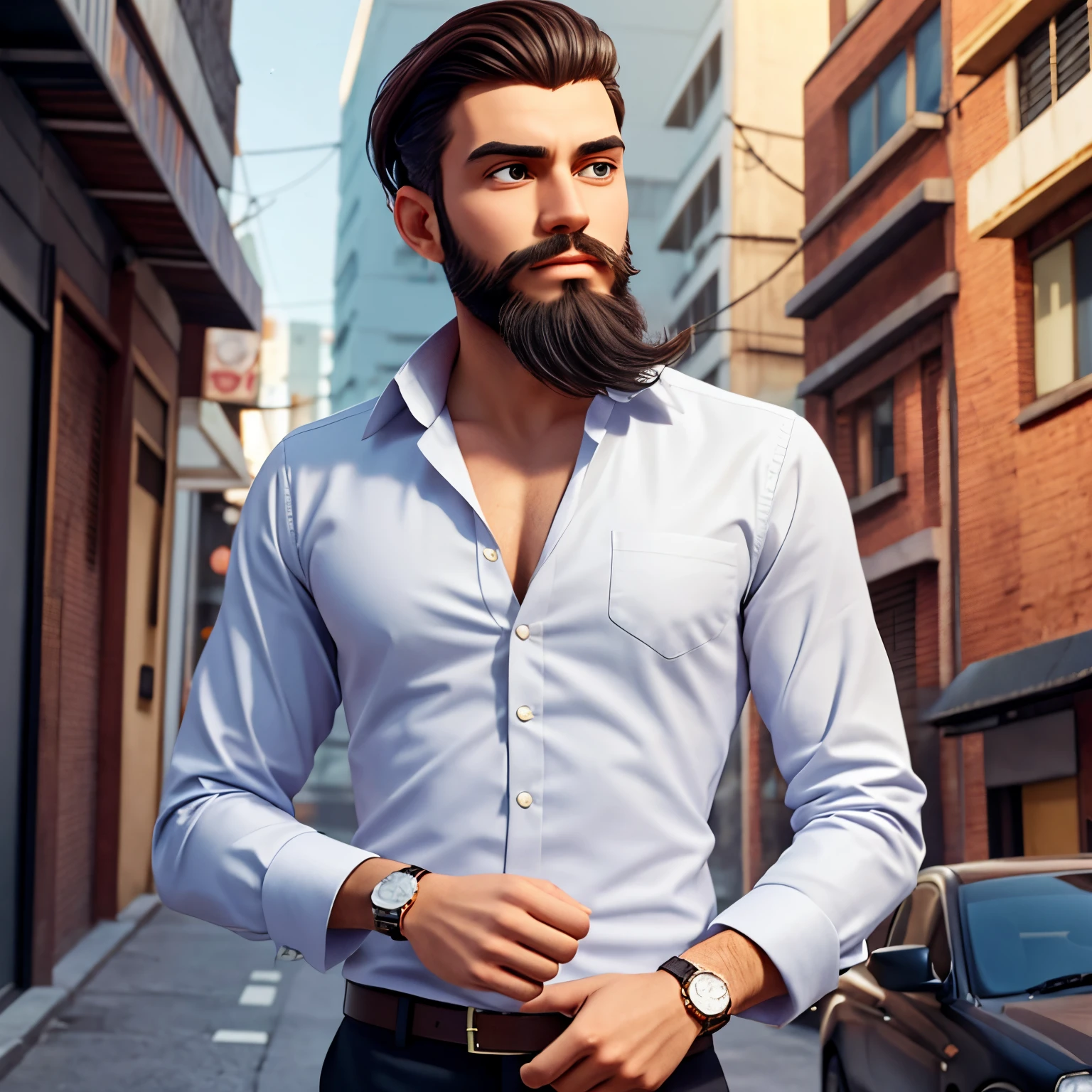 Young elegant and wise business tycoon with beard, with sophisticated casual clothing with subtle details and a priceless watch. Estilo de arte de desenho cyberpunk.