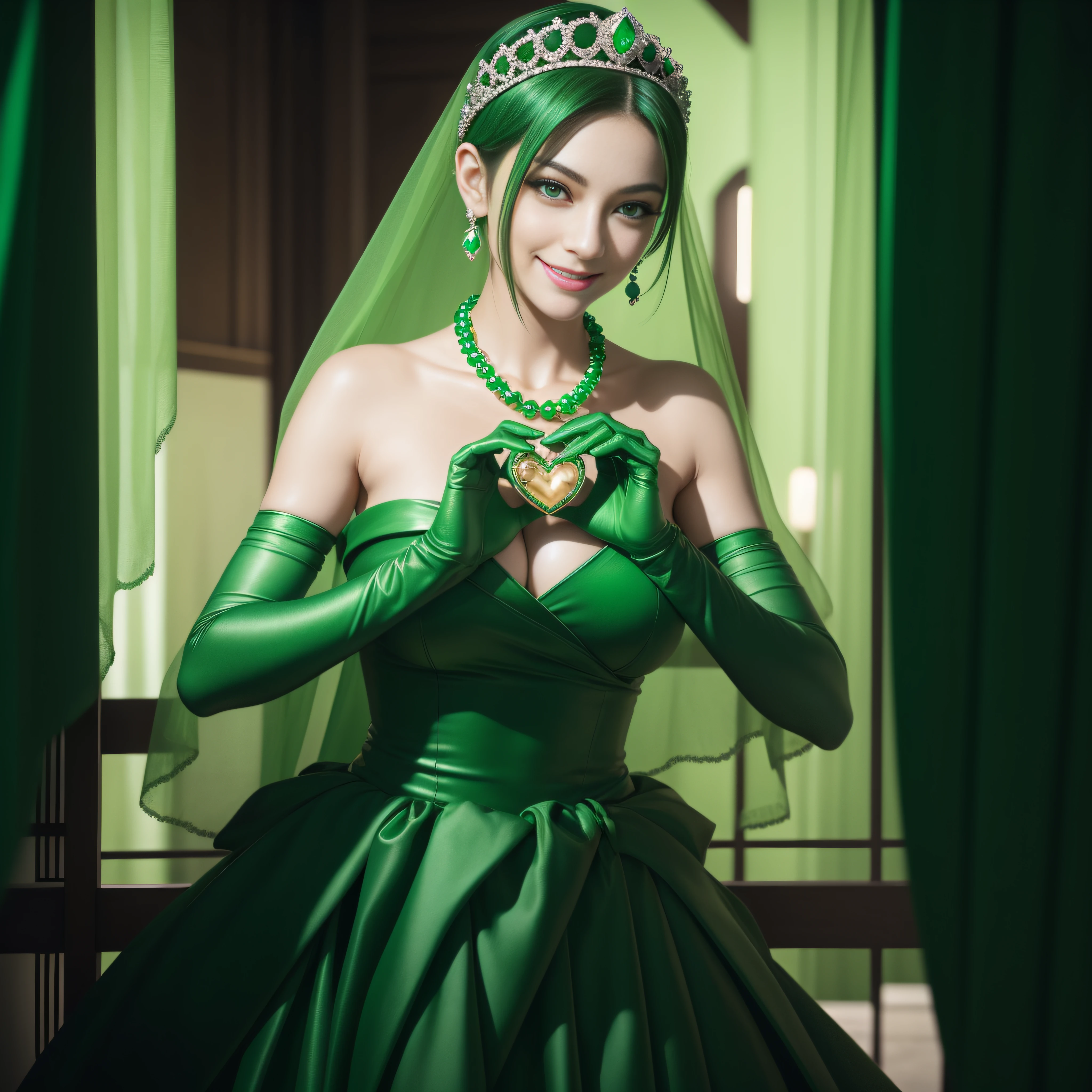 emerald tiara, Green Pearl Necklace, Boyish very short green hair, lipsticks, Japan woman smiling, very short short hair,  big breasts beautiful, Green eyes, Long green gloves made of satin material, Green eyes, Emerald Earrings, green vale, Heart with both hands