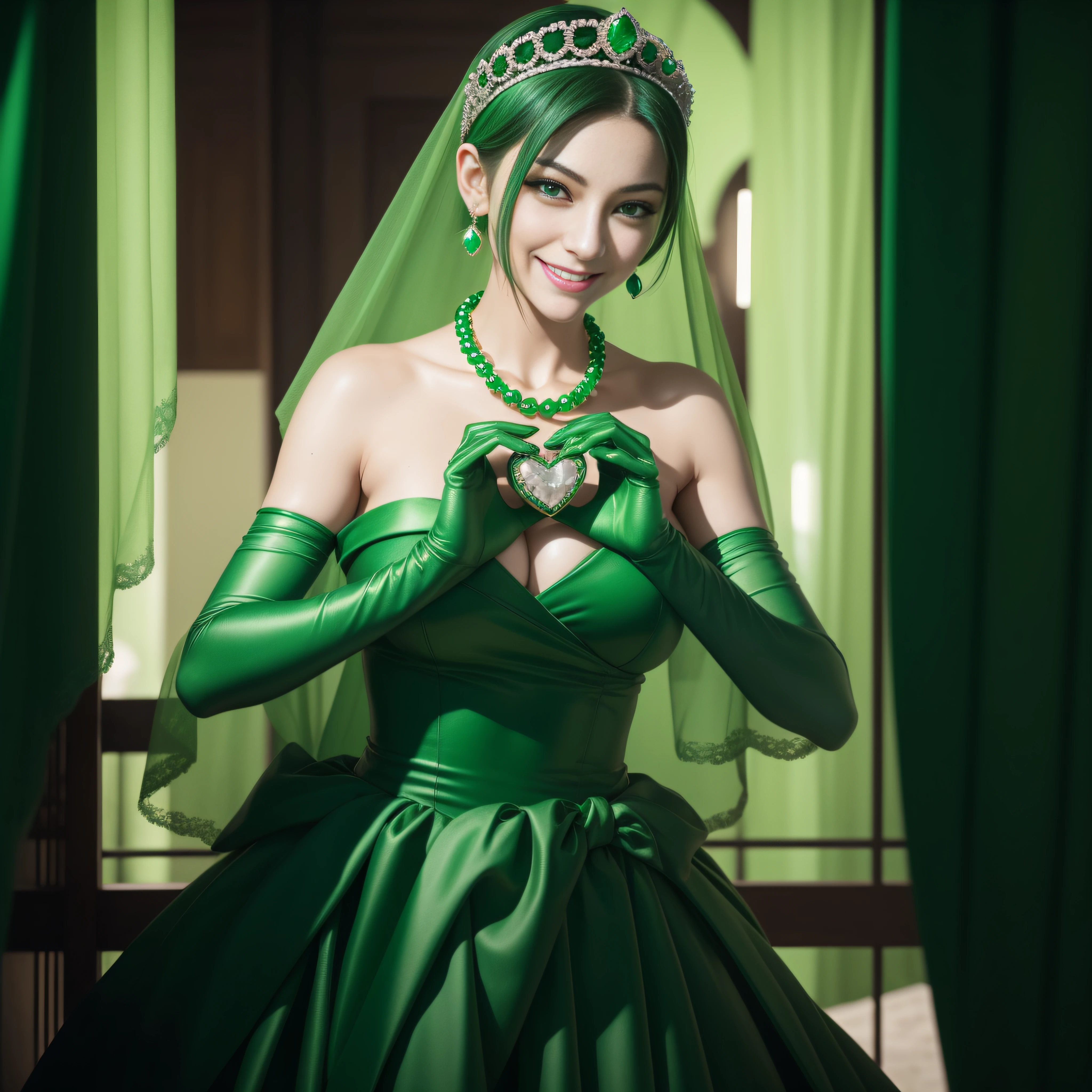 emerald tiara, Green Pearl Necklace, Boyish very short green hair, lipsticks, Japan woman smiling, very short short hair,  big breasts beautiful, Green eyes, Long green gloves made of satin material, Green eyes, Emerald Earrings, green vale, Heart with both hands