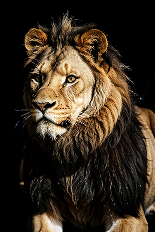 please create realistic lion image with black background with mane and loving look