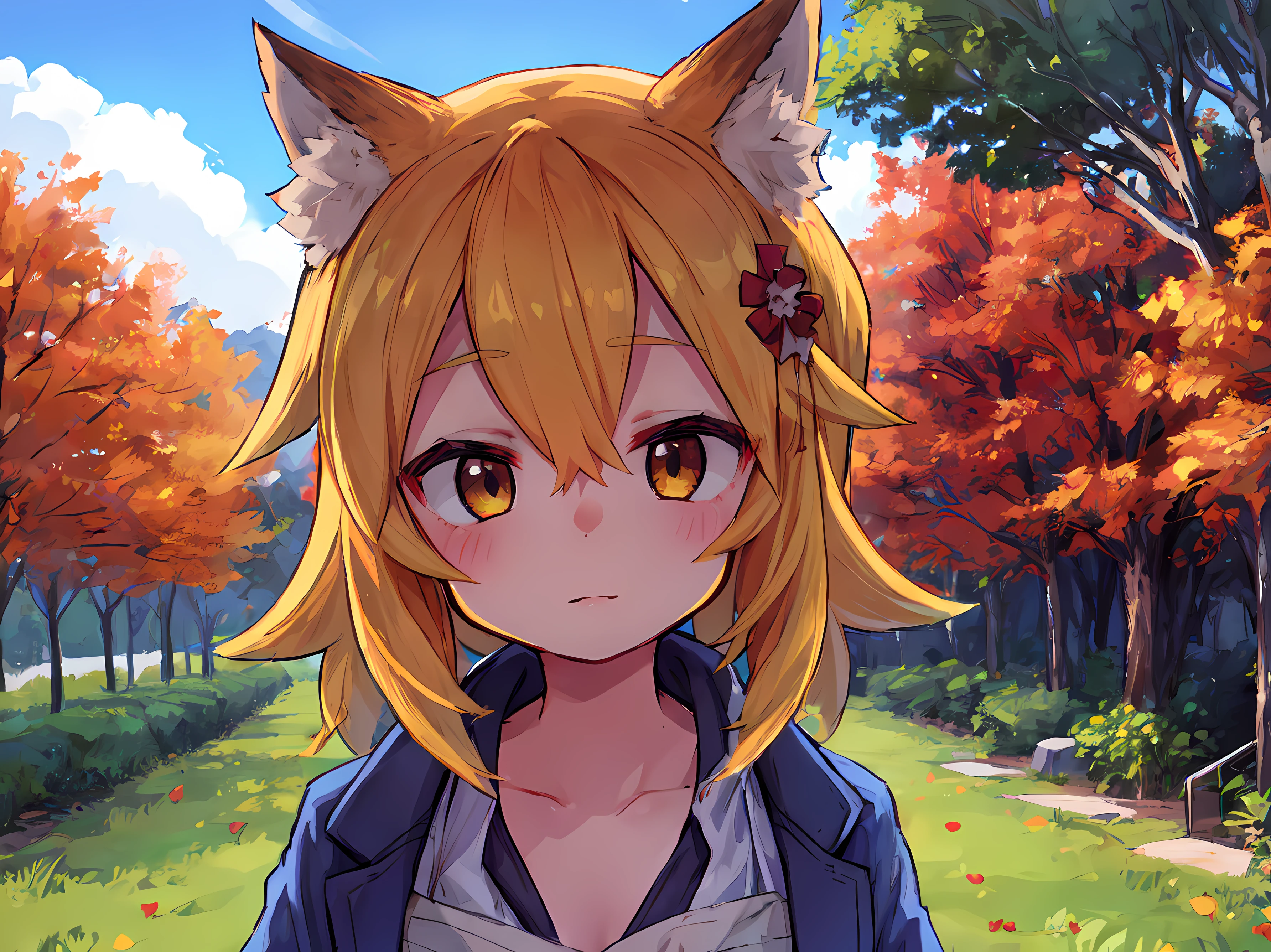 A girl, Fox ears, field, Orange flowers. Super detailed, Detailed ears, Detail Eyes, Girls 4K, Detailed flowers, beautiful clouds, detailed blocks, Beautiful trees, trees in the background, Detailed trees, Girl close-up, body