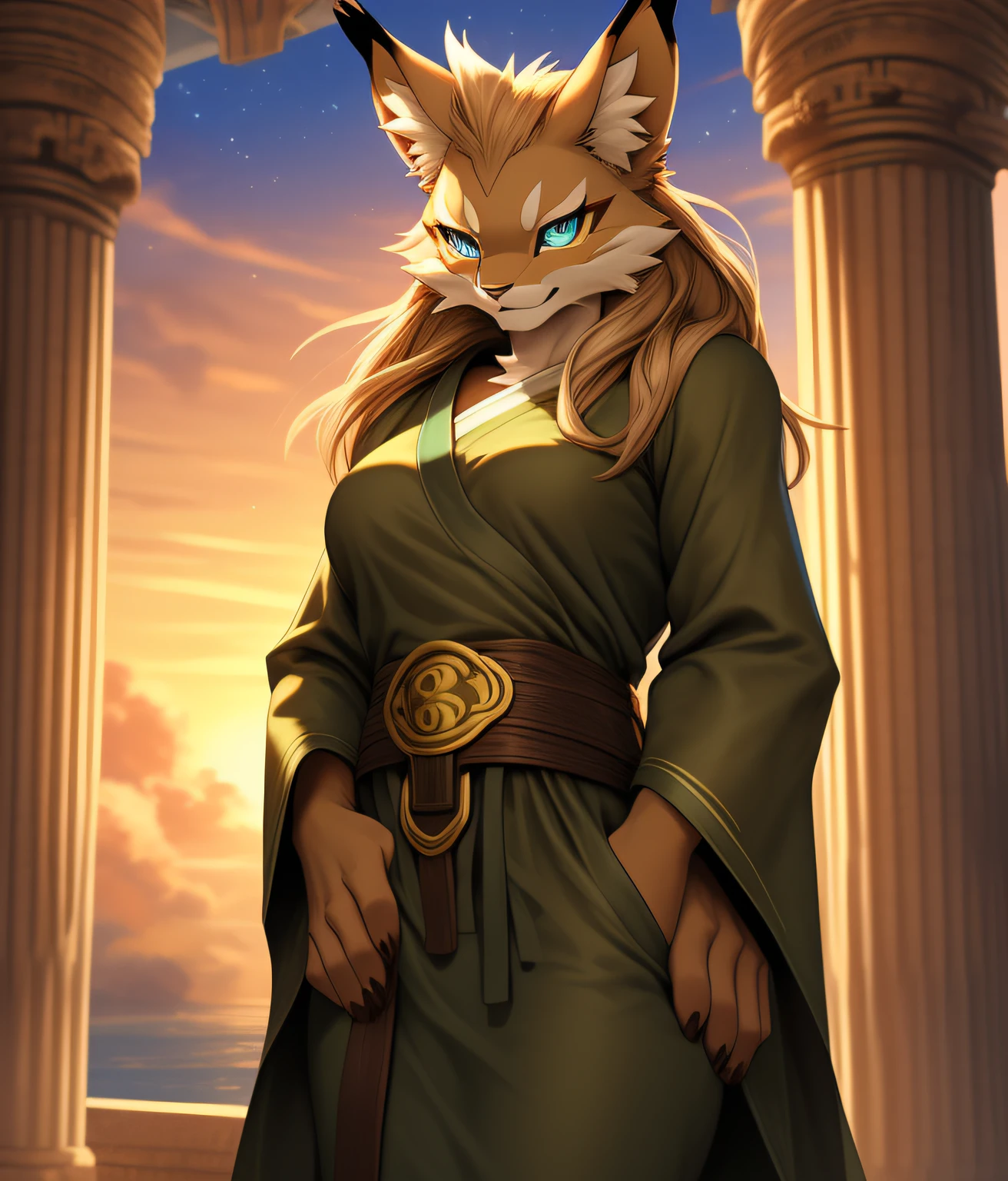 nj5pielry, (Leomon, 16 years old, sexy, aesthetic, Mujer, dama, hembra), (((((tunic. vestimenta. Light brown tunic.))))) Leomon hembra, Cara joven, adolescente, ((Sombras extremadamente realistas, Maestro de Arte, extremadamente detallado, fotorrealista)), kemono, Mirando al espectador, ((frente)), Mirada curiosa, Leomon, ((Cara detallada)) Cabello largo con flequillo cayendo sobre su frente a ambos lados de su cara., nariz, ojos turquesa, ((ojos detallados)), piel, piel, cabello sedoso, Altura 2 metros de altura, Optimal height, postura relajada, calm and carefree expression, amistoso, hermosa y atenta, splendid. (((He wears brown cloth pants., belt with brass buckle:1.2, vestido, slightly open tunic. tunic. vestimenta.))), Figura de reloj de arena:1.2. senos voluptuosos:1.2. caderas anchas:1.2. Ojos de princesa, cintura delgada , piernas largas, Femenino, Mujer, dama, hembra, Cara hermosa, atractivo, He has the kind of calm and cold but friendly face., Interior de un templo con columnas blancas y doradas., puesta del sol, Estrellas, nubes en el cielo.