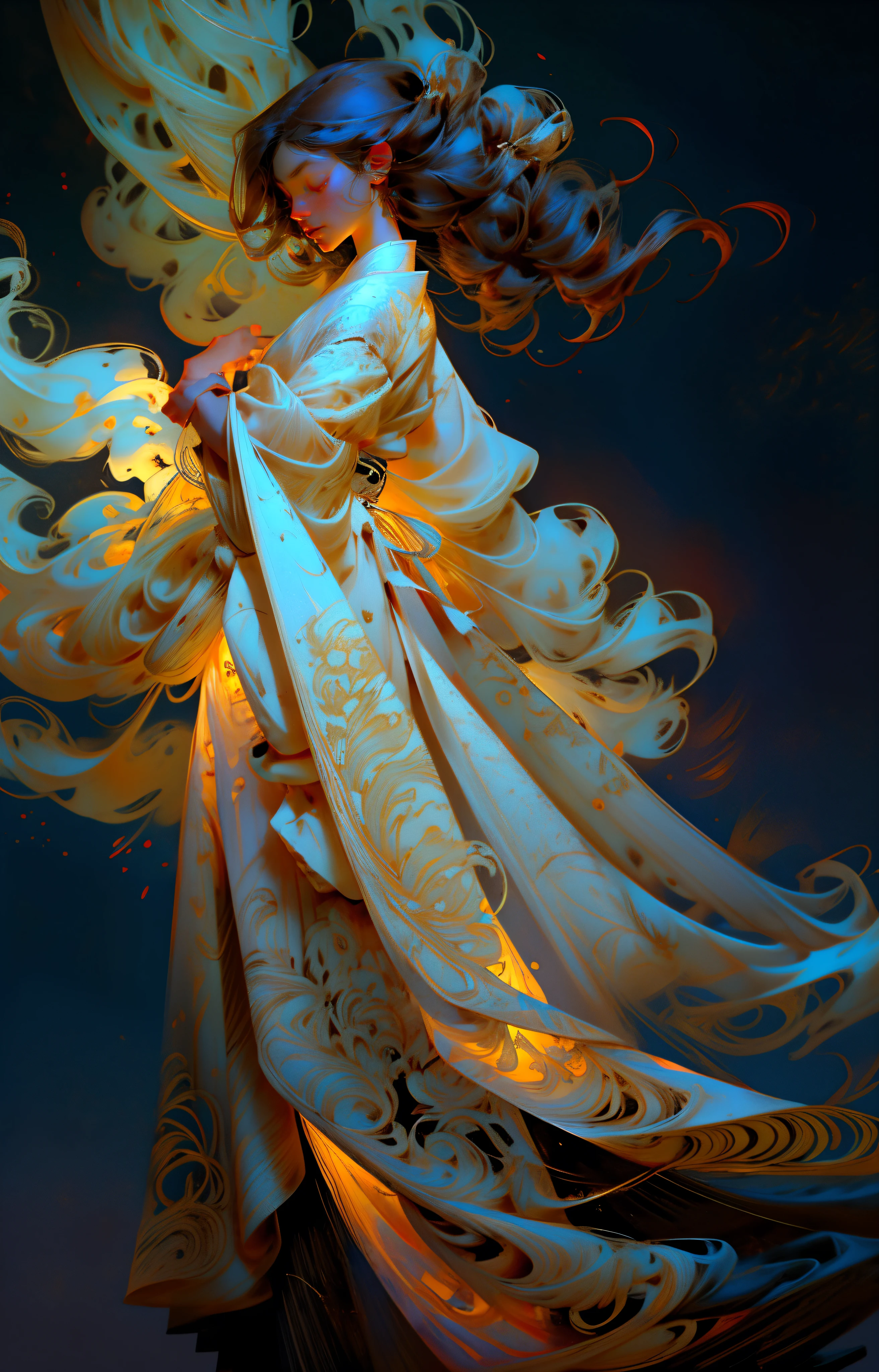 a woman as beautiful as a god，White complicated Chinese gauze skirt，fairylike，Complicated details，gold embroidery，Facing the shining golden light，intricate face details，eyes slender and elegant，Black hair with red flower between eyebrows，long hair fluttering，Heavy snow in the background，fog atmosphere，Falling tree petals and scattered particles，lotus flower，French formation，Magic Smoke，Delicate mask