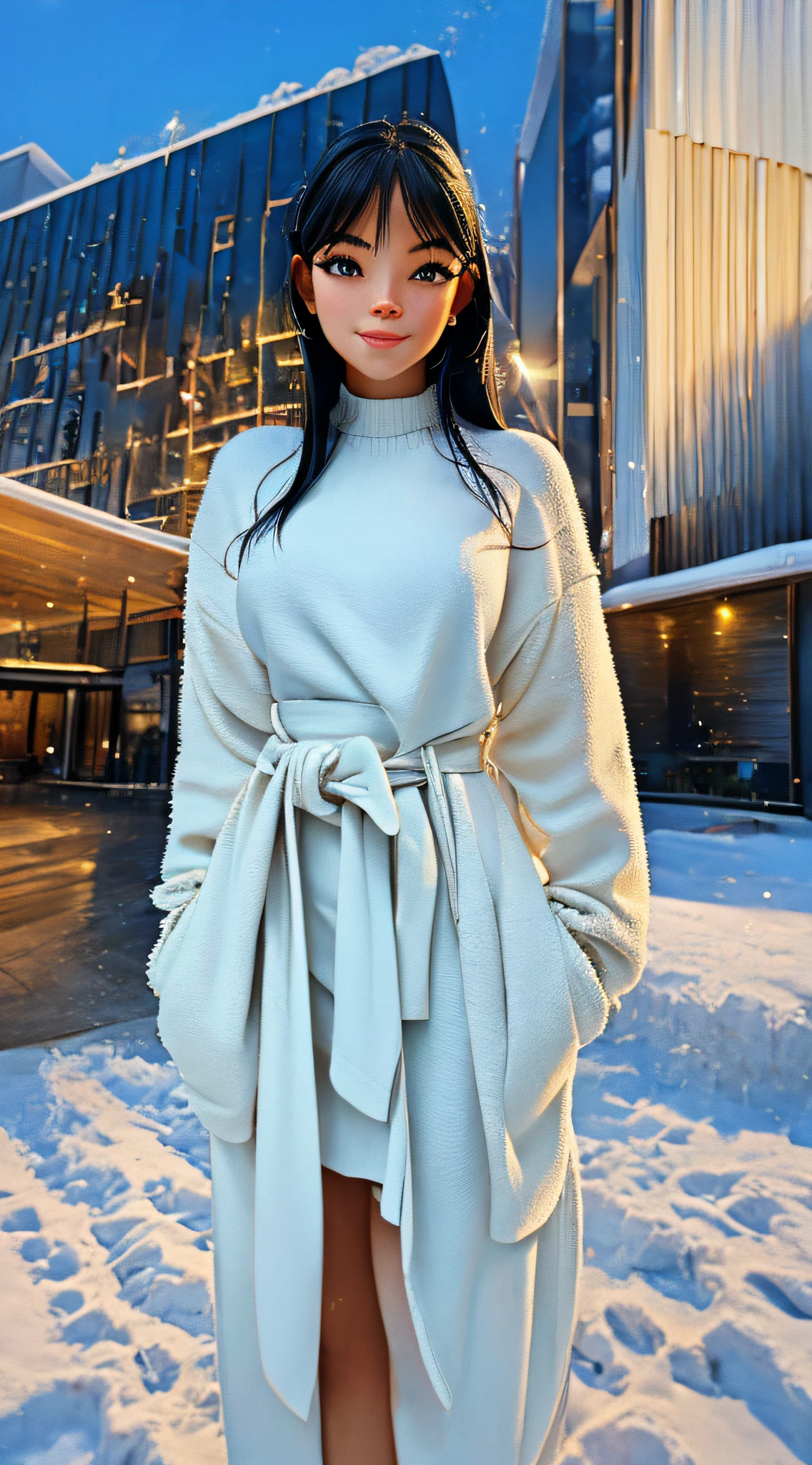 In a winter morning, a girl stands alone, looking directly at the viewer with a serene smile on her face. Her black hair cascades down her shoulders and highlights her beautiful features such as her striking eyes, delicate nose, and captivating lips. She is dressed in a stylish outfit that perfectly suits the downtown vibe, exuding a sense of confident and contemporary fashion. The cowboy shot captures her from the waist up, emphasizing her presence and allowing the viewer to appreciate her elegant posture and graceful stance.

The artwork is created with a mix of different mediums, combining the intricate details of an illustration with the rich colors and textures of oil painting. The result is a masterpiece that showcases the talent and skill of the artist, with ultra-detailed features and a realistic, photorealistic quality. The image is brought to life with the use of professional lighting techniques, casting a soft and warm glow on the girl and the surrounding scene.

The overall color palette of the artwork is dominated by cool winter tones, with hints of deep blues and icy whites that evoke a sense of tranquility and calmness. The lighting enhances this effect, creating a dreamy and ethereal atmosphere that adds to the overall beauty of the composition.

The girl's captivating gaze and gentle smile invite the viewer to immerse themselves in the scene, inspiring a sense of wonder and curiosity about the world around us. The artwork captures a fleeting moment in time, freezing it forever in a visually stunning and emotionally captivating piece of art.