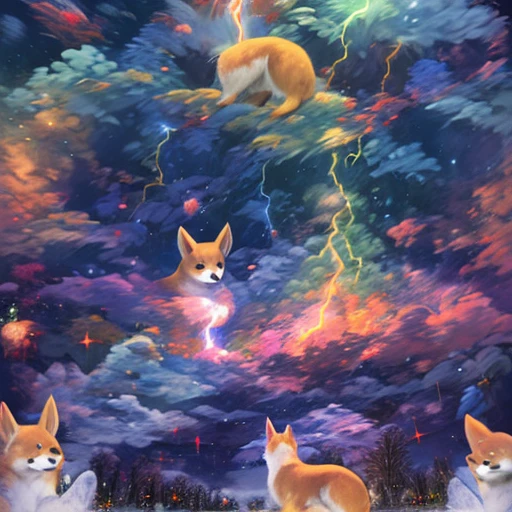electronic light, Welsh Corgi, lightning, star \(sky\), starry sky, cloud, constellation, city lights, starry sky print, planet, fireworks, campfire, earth \(planet\), twilight, crescent moon, starry background, splashing, cityscape, telescope