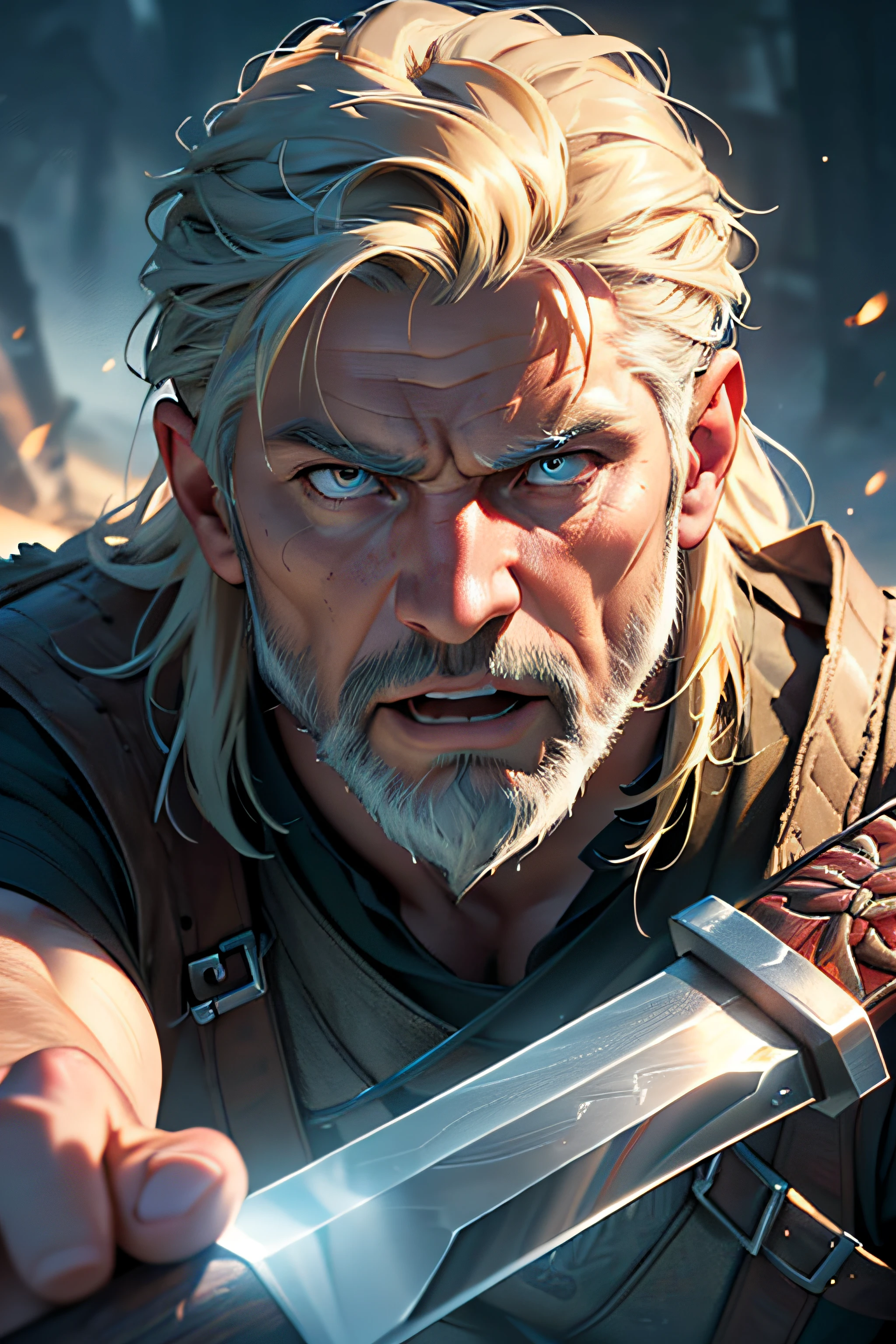 (best quality,4k,8k,Altas,master part:1.2),ultra-detalhado,(Realistic,fotorrealista,photo-realistic:1.37), Sigi, um guerreiro viking segurando uma espada, fechar em um rosto irritado, Olhos detalhados,olhos e rosto extremamente detalhados,Cores escuras e intensas,dynamic lighting,antiga cena de batalha wiking