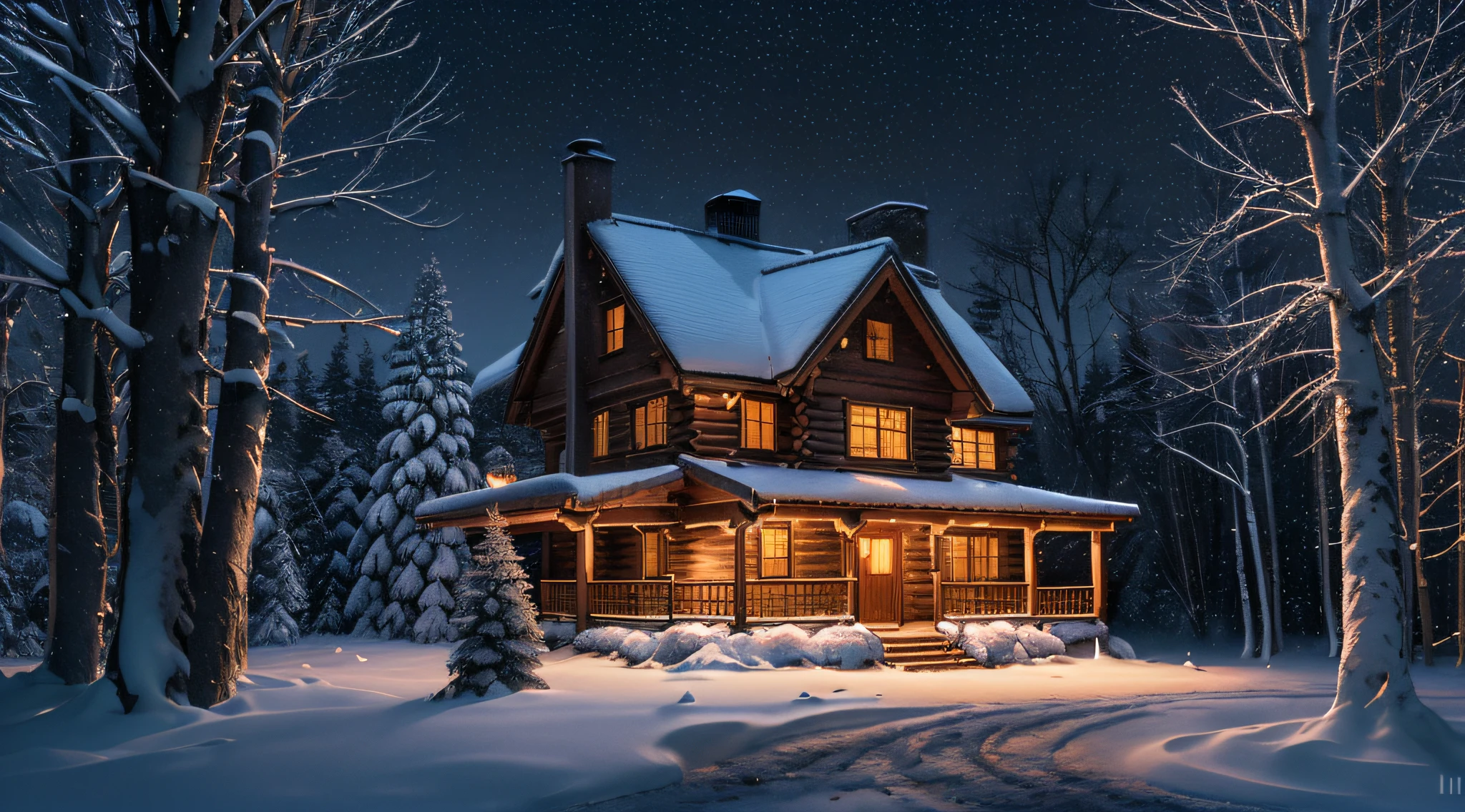 (a cozy wooden house with a chimney:1.1),(falling snow, snowflakes dancing in the air:1.08),(a serene winter night with a clear sky and bright stars:1.06),(a magical winter forest covered in snow:1.04),(soft and warm lighting illuminating the wooden house:1.02),(realistic winter scenery),(high-resolution image:1.2),(vivid colors),(wooden texture:1.1),(fine details of the snowflakes:1.03)