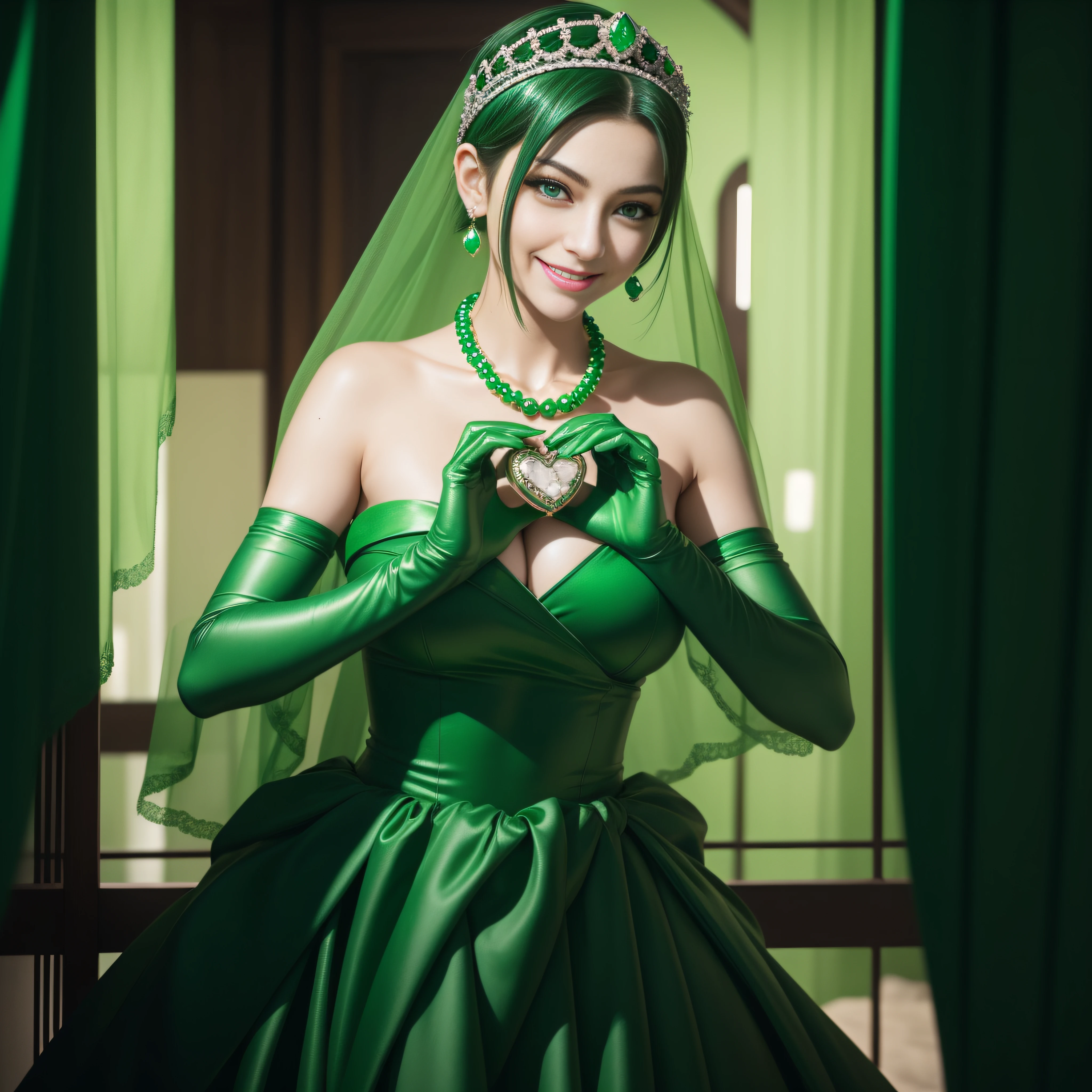 emerald tiara, Green Pearl Necklace, Boyish very short green hair, lipsticks, Japan woman smiling, very short short hair,  big breasts beautiful, Green eyes, Long green gloves made of satin material, Green eyes, Emerald Earrings, green vale, Heart with both hands