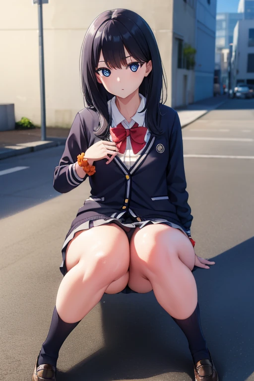 Rikata Karada, rikka takarada, Black hair, Blue eyes, Long hair, orange scrunchie, Scrunchie, Wrist scrunchie
Blake Black Footwear, Black skirt, Bow, bowtie, buttoning, Cardigan, Collared shirt, Long sleeves, micro skirt, Pleated skirt, Red bow, red bowtie, red socks, School uniform, Shirt, shoes, Skirt, sox, thighs thighs thighs thighs, White cardigan, White shirt,,
BREAK outdoors, city,
BREAK looking at viewer, BREAK (masutepiece:1.2), Best Quality, High resolution, Unity 8k壁纸, (Illustration:0.8), (Beautiful detailed eyes:1.6), extra detailed face, Perfect Lighting, extremely details CG, (Perfect hands, Perfect Anatomy),black pantyhose king