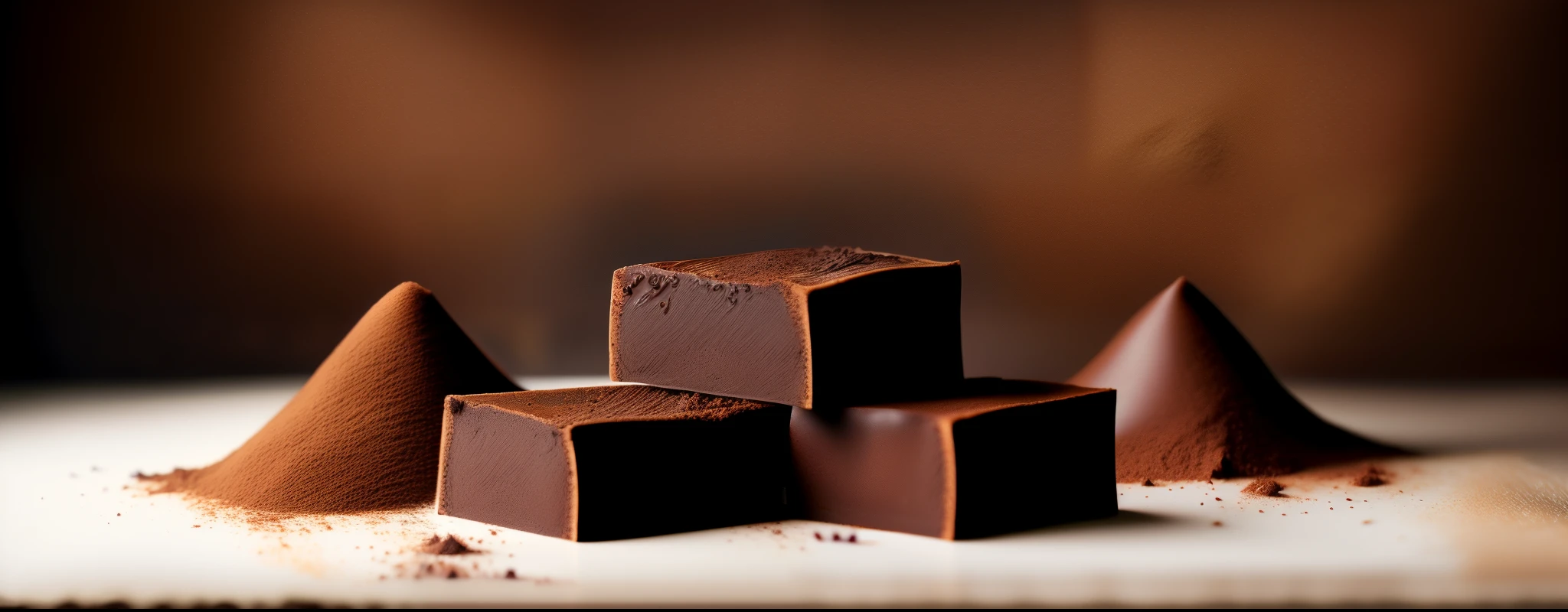 Sprinkle three slices of fresh cocoa on top(raw chocolate), Cocoa powder, Brown, Cocoa powder sprinkled in the air,dramatic product photography, dramatic product shot, Brown, Powdery, Food shooting,Photographic works,the detail,Ray traching,Light and dark pairs,