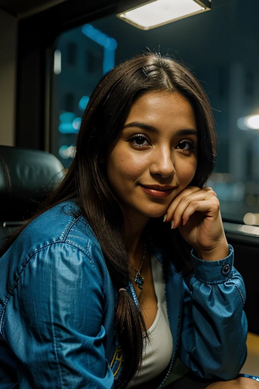 garota alta morena, fofa, em cima de um carro, cidade a noite, rosto pequeno, blue lighting, usando uma jaqueta, olhando pra camera de lado, sorrindo.