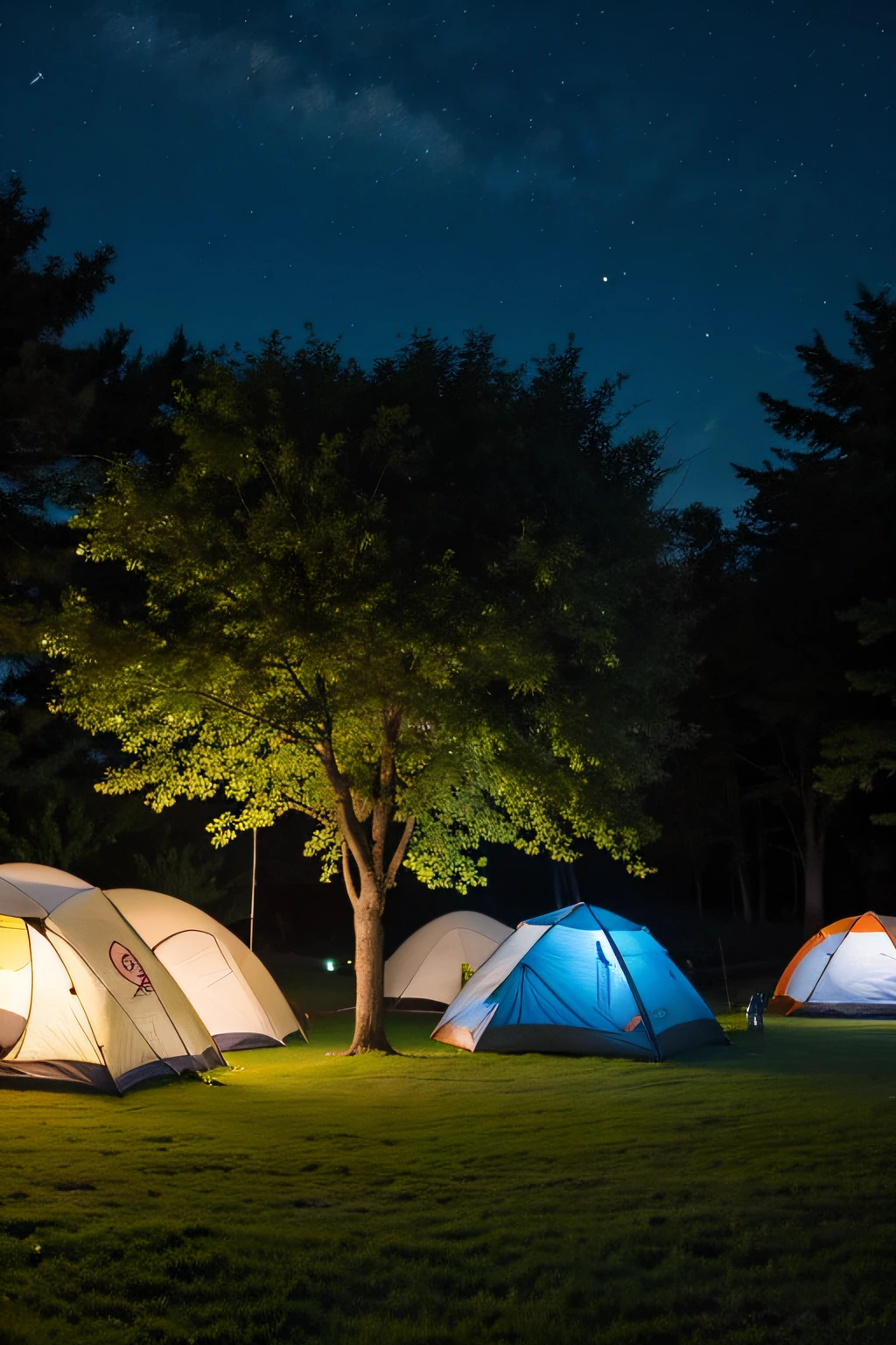 A group of tents on the grass at night