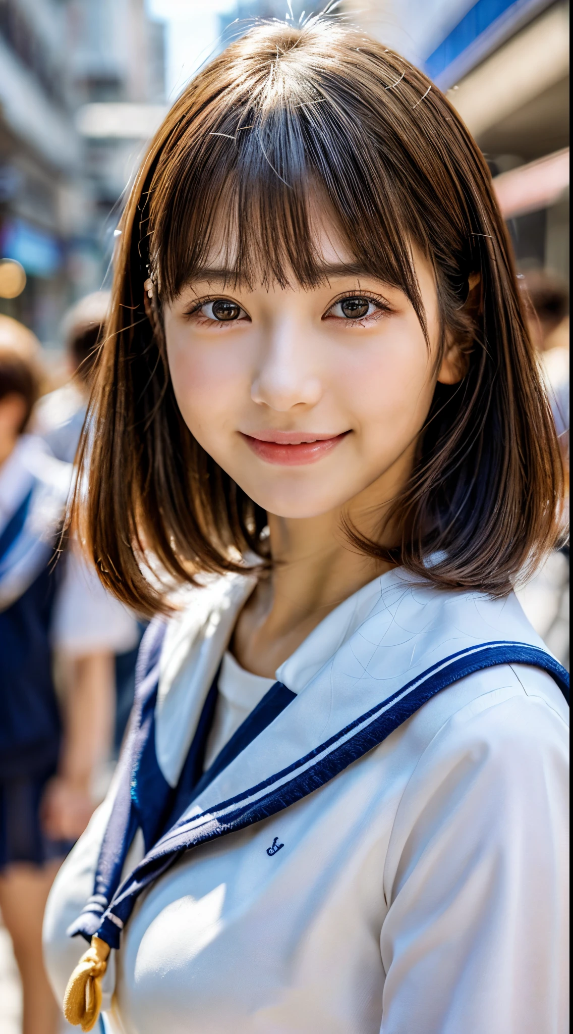 (8K, Raw photo, Best Quality, masutepiece:1.2), (Realistic, Photorealsitic:1.4), (Very detailed 8k wallpaper), Sharp Focus, depth of fields, Cinematic lighting, Soft light,Detailed Beauty Eye,Glossy smooth light brown long bob hair, asymmetrical bangs, Shiny skin, super detailed skin,High resolution, high detailing, detailed hairstyle, Detailed beauty face, Hyper realistic, Perfect limbs, Perfect Anatomy ,1 japanese girl,famous Japan idol, Perfect female body, Large breasts,Smile,short eyelashes,double-edged eyelid,Long bob hair, (School uniform : 1.3), Looking at Viewer, (Crowded city streets:1.3),Cowboy Shot
