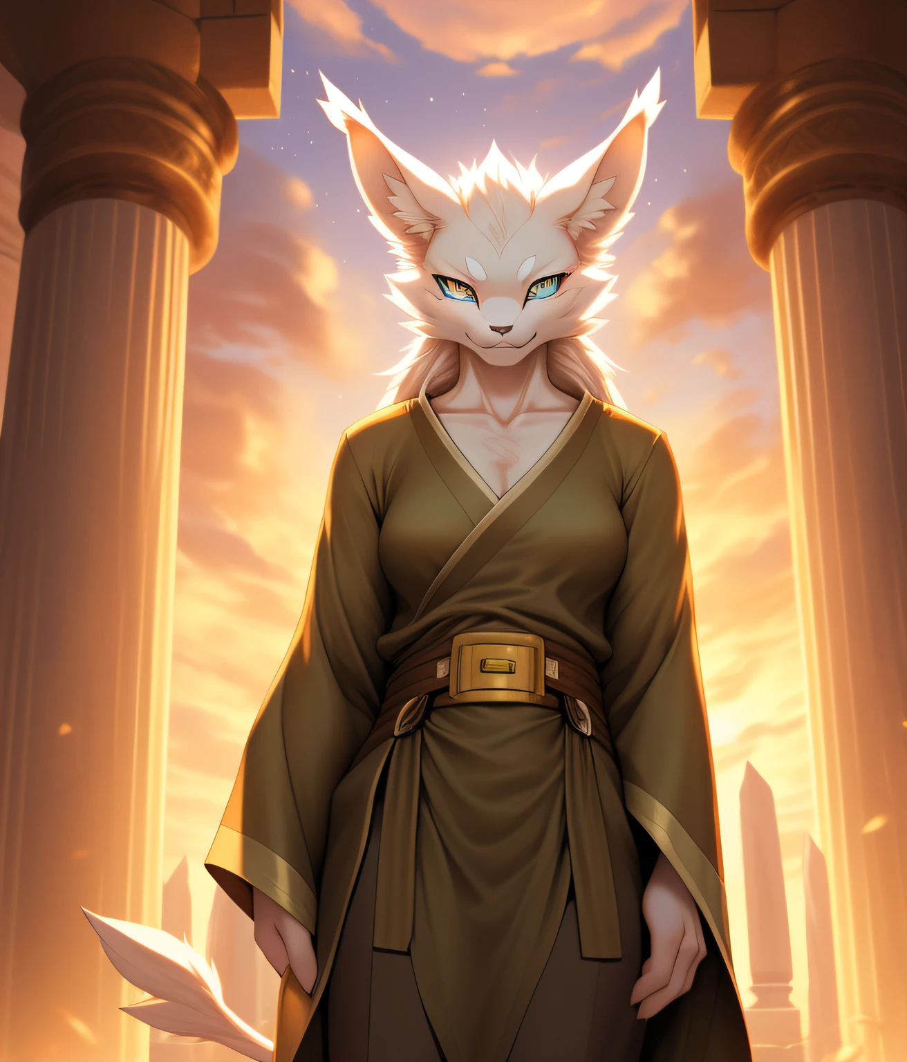 nj5pielry, (albino, Leomon, 16 years old, sexy, aesthetic, Mujer, dama, hembra), (((((tunic. vestimenta. Light brown tunic.))))) Mujer Albina Leomon, Cara joven, adolescente, ((Sombras extremadamente realistas, Maestro de Arte, extremadamente detallado, fotorrealista)), kemono, albino, Mirando al espectador, ((frente)), Mirada curiosa, Leomon, ((Cara detallada)) Cabello largo con flequillo cayendo sobre su frente a ambos lados de su cara., nariz, ojos turquesa, ((ojos detallados)), piel albina, piel albina, cabello sedoso, Altura 2 metros de altura, Optimal height, postura relajada, calm and carefree expression, amistoso, hermosa y atenta, splendid. (((He wears brown cloth pants., belt with brass buckle:1.2, vestido, slightly open tunic. tunic. vestimenta.))), Figura de reloj de arena:1.2. senos voluptuosos:1.2. caderas anchas:1.2. Ojos de princesa, cintura delgada , piernas largas, Femenino, Mujer, dama, hembra, Cara hermosa, atractivo, He has the kind of calm and cold but friendly face., Interior de un templo con columnas blancas y doradas., puesta del sol, Estrellas, nubes en el cielo. albino.