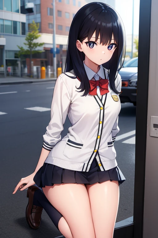 Tang Tian Lifang, rikka takarada, Black hair, Blue eyes, Long hair, orange scrunchie, Scrunchie, Wrist scrunchie
Blake Black Footwear, Black skirt, Bow, bowtie, buttoning, Cardigan, Collared shirt, Long sleeves, micro skirt, Pleated skirt, Red bow, red bowtie, red socks, School uniform, Shirt, shoes, Skirt, sox, thighs thighs thighs thighs, White cardigan, White shirt,,
BREAK outdoors, city,
BREAK looking at viewer, BREAK (masutepiece:1.2), Best Quality, High resolution, Unity 8k壁纸, (Illustration:0.8), (Beautiful detailed eyes:1.6), extra detailed face, Perfect Lighting, extremely details CG, (Perfect hands, Perfect Anatomy),Black Pantyhose King