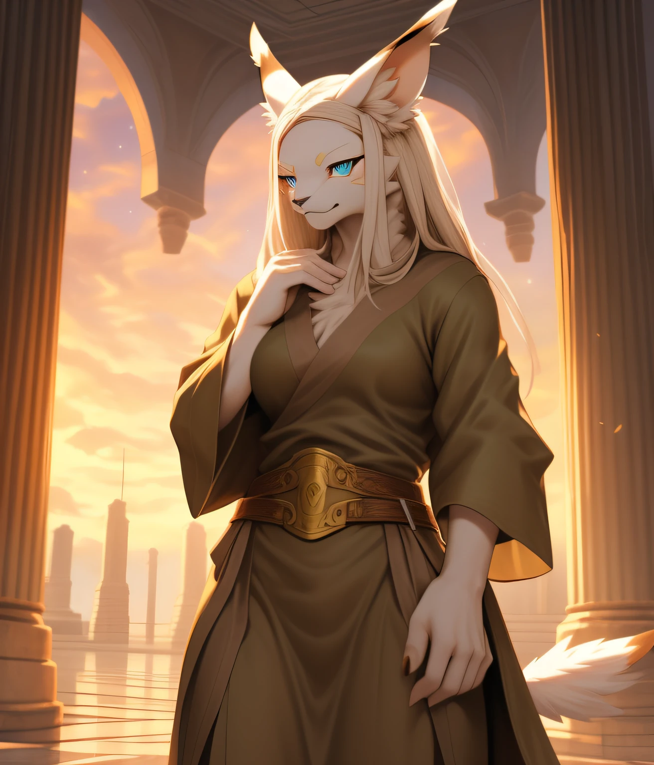 nj5pielry, (albino, Leomon, 16 years old, sexy, aesthetic, Mujer, dama, hembra), (((((tunic. vestimenta. Light brown tunic.))))) Mujer Albina Leomon, Cara joven, adolescente, ((Sombras extremadamente realistas, Maestro de Arte, extremadamente detallado, fotorrealista)), kemono, albino, Mirando al espectador, ((frente)), Mirada curiosa, Leomon, ((Cara detallada)) Cabello largo con flequillo cayendo sobre su frente a ambos lados de su cara., nariz, ojos turquesa, ((ojos detallados)), piel albina, piel albina, cabello sedoso, Altura 2 metros de altura, Optimal height, postura relajada, calm and carefree expression, amistoso, hermosa y atenta, splendid. (((He wears brown cloth pants., belt with brass buckle:1.2, vestido, slightly open tunic. tunic. vestimenta.))), Figura de reloj de arena:1.2. senos voluptuosos:1.2. caderas anchas:1.2. Ojos de princesa, cintura delgada , piernas largas, Femenino, Mujer, dama, hembra, Cara hermosa, atractivo, He has the kind of calm and cold but friendly face., Interior de un templo con columnas blancas y doradas., puesta del sol, Estrellas, nubes en el cielo. albino.