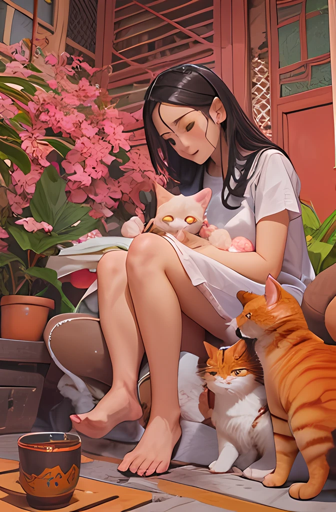 Chinese mother in defense pose in foreground behind Latin girl with Chinese eyes clutching her mother&#39;s piernas, little orange cat grabbing mom&#39;pierna, ropa colorida, ambiente casas coloniales, Mom and daughter