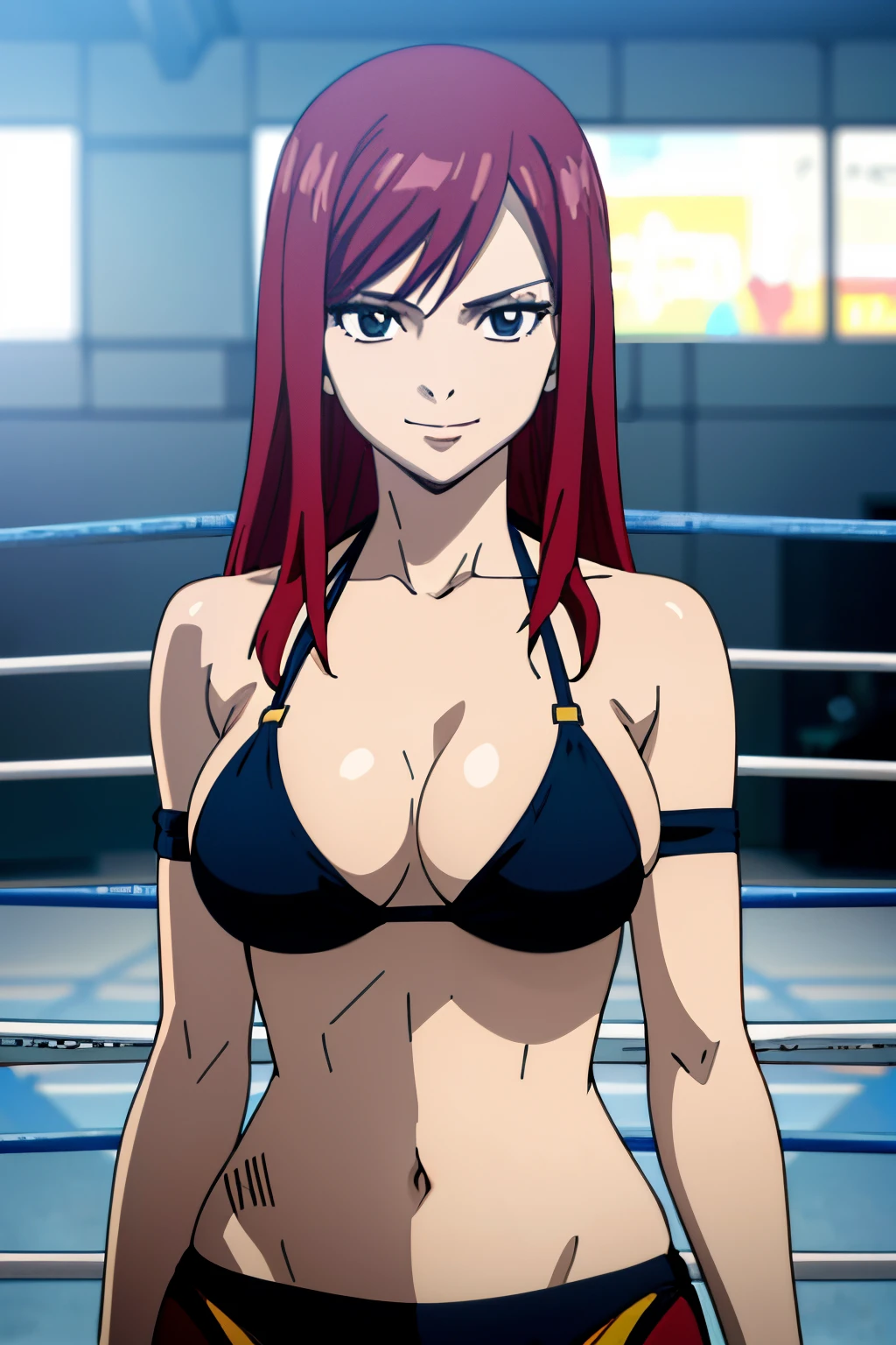 ((black bikini only)), (((wrestling arena))), spotlights, upper body view, please prioritize (best quality, 4k, 8k, highres, masterpiece:1.2), ultra-detailed, and (realistic, photorealistic, photo-realistic:1.37) rendering. (()), ((black bikini only)), , groin, ultra detailed face, perfect anatomy, 8k, standing, perfect body proportions, highest quality, 1girl, solo, (()), (very little biceps) , happy, smile, ERZASCARLET, big breasts off-shoulderirl, (shiny hair), detailed red hair, closed mouth, very big eyes, long belly, wide shoulders, For the image quality, To enhance the visuals, add HDR, UHD, studio lighting, ultra-fine painting, sharp focus, physically based rendering, extreme detail description, professional, vivid colors