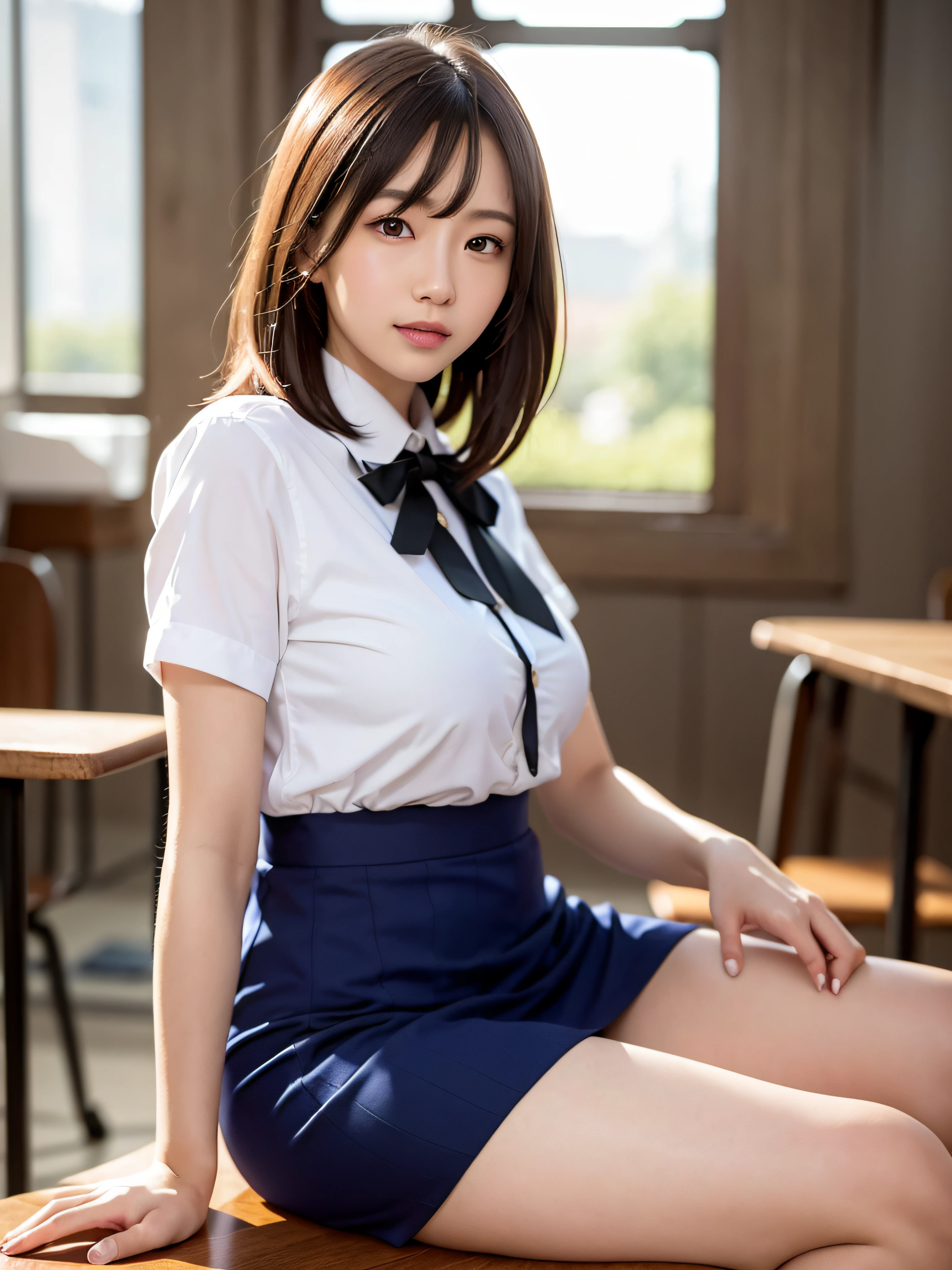 Masterpiece, full body shot, front view, young pretty woman in Japan, sitting on a desk in a classroom with a big smile, glamorous figure, wearing a shiny silk collared white shirt with short sleeves, a shiny red satin plain bow tie, wearing a long length dark blue pleated skirt, sweaty body, super cute face, shiny lips, double eyelids for both eyes, natural makeup, shiny smooth light brown hair of long bob hair, asymmetrical bangs, tanned skin, center image, 8K resolution, high resolution, detailed hairstyle, detailed face, spectacular movie lighting, octane rendering, vibrant, ultra-realistic, perfect limbs, perfect anatomy