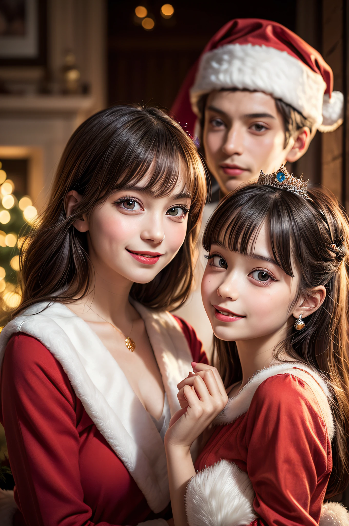 (photo of young prince and young beautiful princess:1.6), (Photo illustration of santa claus prince and beautiful princess:1.3), Realistic portrait, Amazing face and eyes, (Best Quality:1.4), (Ultra-detailed), (extremely detailed CG unified 8k wallpaper), Highly detailed, christmas night, wrapped in warm light, Smiling happily, Prince Santa Claus brought many presents., White wallpaper, fireplace, Christmas, Christmas Ornaments, Christmas tree, happiest time, Wrapped in love, Happy expression, Highest image quality, Top resolution, depth of fields,