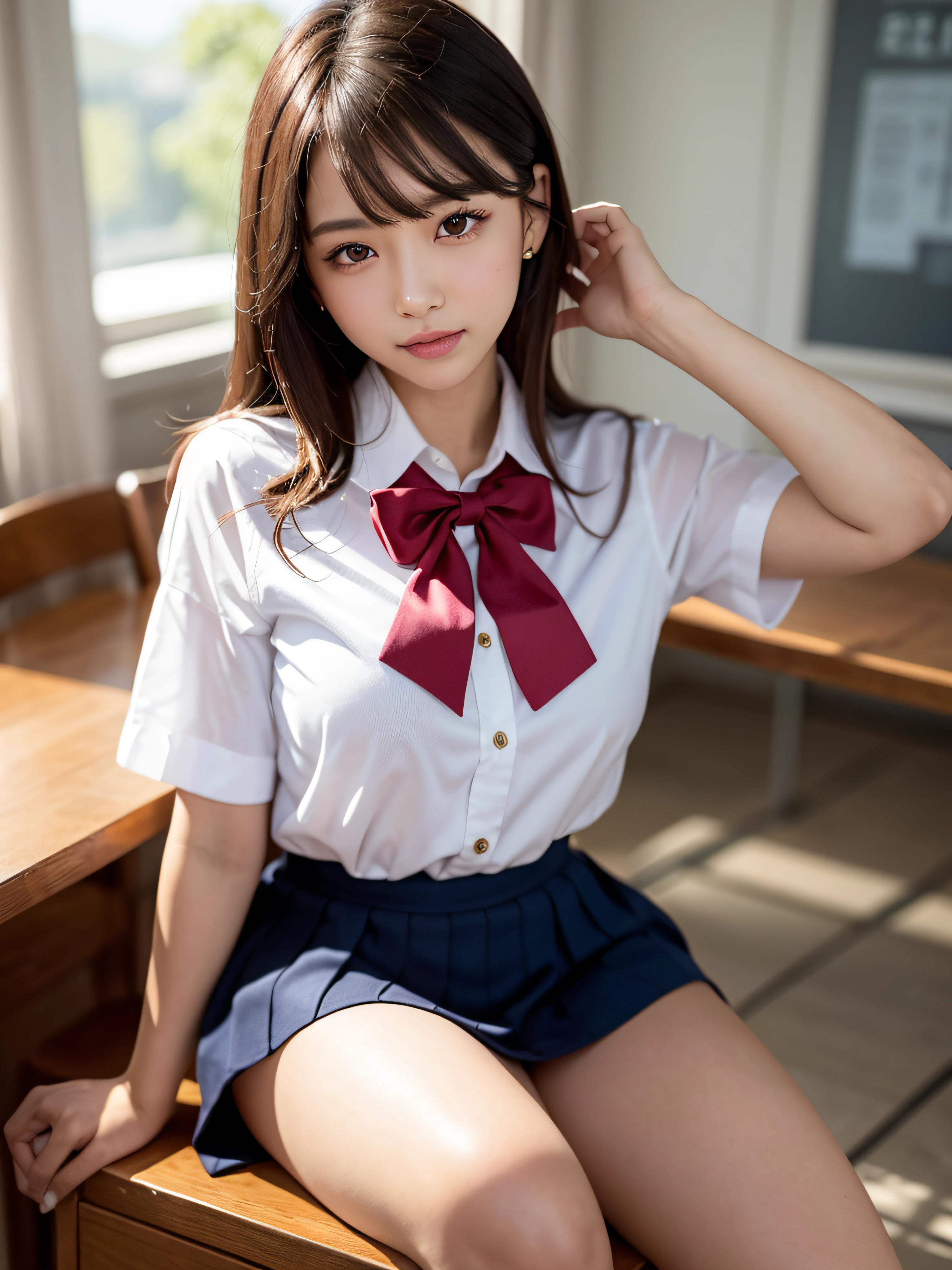 Masterpiece, full body shot, front view, young pretty woman in Japan, sitting on a desk in a classroom with a big smile, glamorous figure, wearing a shiny silk collared white shirt with short sleeves, a shiny red satin plain bow tie, wearing a long length dark blue pleated skirt, sweaty body, super cute face, shiny lips, double eyelids for both eyes, natural makeup, shiny smooth light brown hair of long bob hair, asymmetrical bangs, tanned skin, center image, 8K resolution, high resolution, detailed hairstyle, detailed face, spectacular movie lighting, octane rendering, vibrant, ultra-realistic, perfect limbs, perfect anatomy