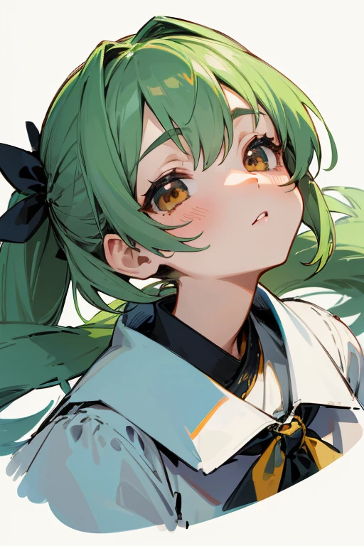 (1Girl), Masterpiece, Best Quality, super fine illustration, Very cute girl, highly detailed beautiful face, looking up at viewer, 1Girl, belt, closeup shot, looking up at viewer, 4k, high resolucion, bows, Firis Mistuld, blush, POV, twintail hair, Forest Background, Background with, thick outlines, Brown eyes, (sleep), green hair, chibi, love expression, ((green hair)), (血), snaggletooth