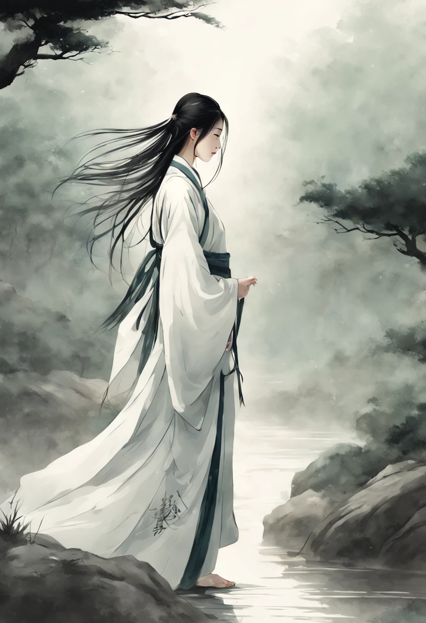 ancient china, girl in hanfu, walking in the forest, rainy, misty, ancient style, chinese ink style, long hair, long flowing white robes, only see the back of the girl