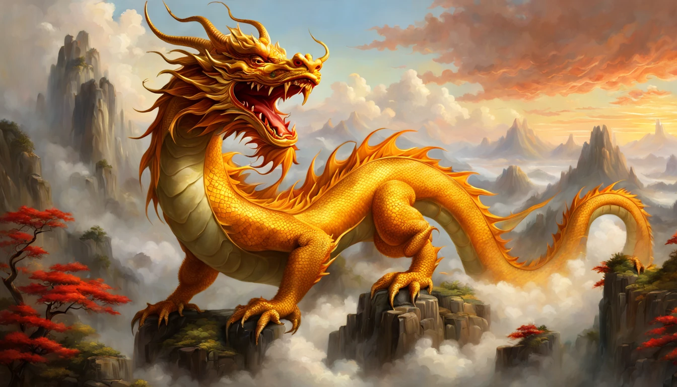an oil painting of chinese dragon,Leonardo da Vinci's oil painting style,Frederic Edwin Church's landscape art inspiration,highly realistic and detailed depiction of the dragon,exquisite brush strokes,showcasing the dragon's majestic presence and power,masterful use of light and shadow to create depth,fine texture and intricate details of the dragon's scales and claws,rich and vibrant color palette,blending traditional Chinese and Western artistic elements,grand and dramatic composition,highlighting the dragon as the central focus,impressive sense of scale and perspective,depicting a serene and mystical landscape in the background,evoking a sense of awe and wonder,harmonious integration of nature and mythology,creating a captivating narrative within the artwork,undulating clouds and mist,enhancing the ethereal atmosphere,subtle golden sunlight casting a warm glow on the dragon,adding a touch of magical realism,a sense of movement and dynamism,as if the dragon is about to come to life,creating a timeless masterpiece that captures the essence of Chinese mythology and artistic mastery.