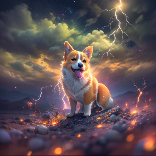 Welsh Corgi, electronic light, lightning, starry sky, cloud, constellation, city lights, starry sky print, planet, fireworks, campfire, dog, earth, twilight, crescent moon, starry background, splashing, cityscape, telescope