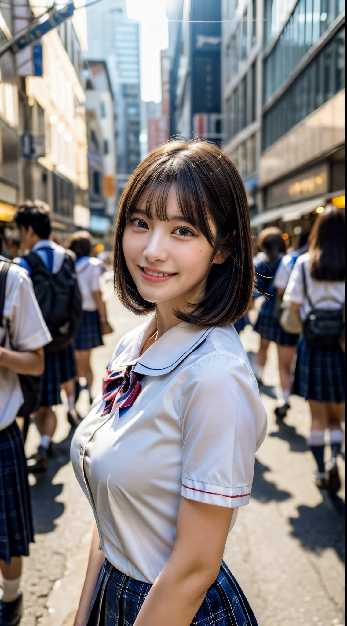 (8K, Raw photo, Best Quality, masutepiece:1.2), (Realistic, Photorealsitic:1.4), (Very detailed 8k wallpaper), Sharp Focus, depth of fields, Cinematic lighting, Soft light,Detailed Beauty Eye,Glossy smooth light brown long bob hair, asymmetrical bangs, Shiny skin, super detailed skin,High resolution, high detailing, detailed hairstyle, Detailed beauty face, Hyper realistic, Perfect limbs, Perfect Anatomy ,1 japanese girl,famous Japan idol, Perfect female body, Large breasts,Smile,short eyelashes,double-edged eyelid,Long bob hair, (School uniform : 1.3), Looking at Viewer, (Crowded city streets:1.3),Cowboy Shot