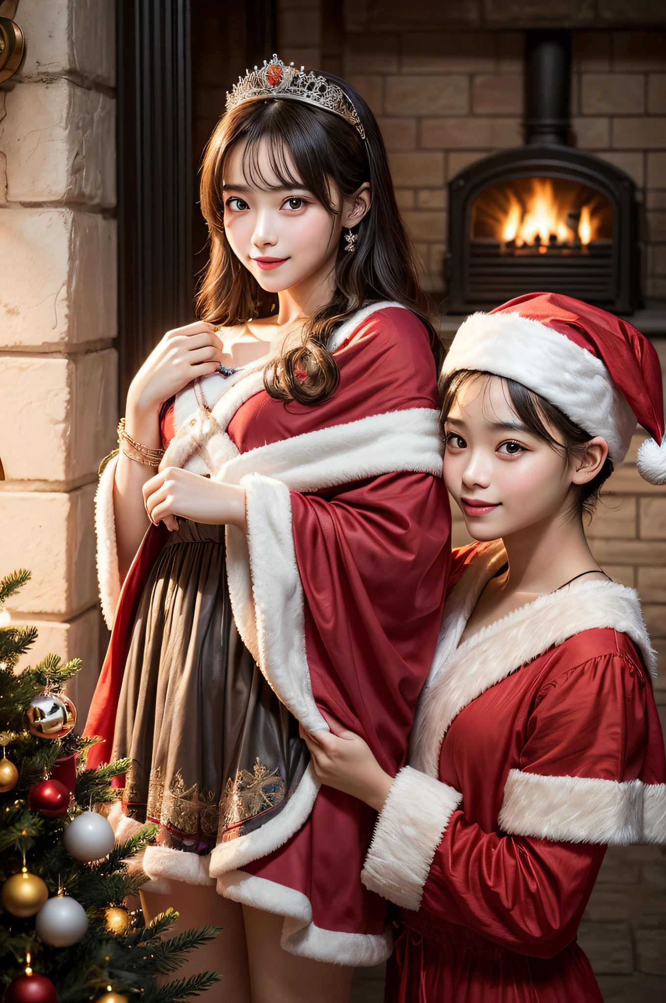 (photo of young prince and young beautiful princess:1.5), (Photo illustration of santa claus prince and beautiful princess:1.3), Realistic portrait, Amazing face and eyes, (Best Quality:1.4), (Ultra-detailed), (extremely detailed CG unified 8k wallpaper), Highly detailed, christmas night, wrapped in warm light, Smiling happily, Prince Santa Claus brought many presents., White wallpaper, fireplace, Christmas, Christmas Ornaments, Christmas tree, happiest time, Wrapped in love, Happy expression, Highest image quality, Top resolution, depth of fields,