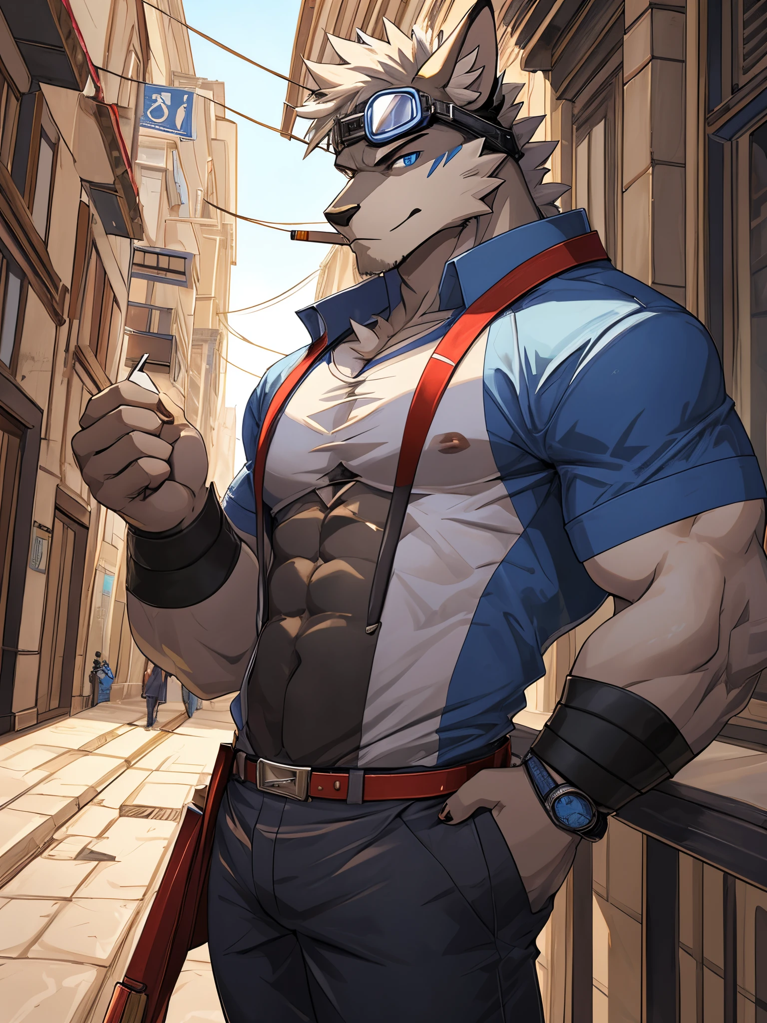 Masterpiece, Solo, Furry Gray Dragon, Adult, Gray Fur, Blue Eyes, Gray Short Hair, Muscular Body, Good Looking, Handsome, Fierce, Casual Shirt, Casual Pants, Blue Goggles, Smoking, Cool Pose.