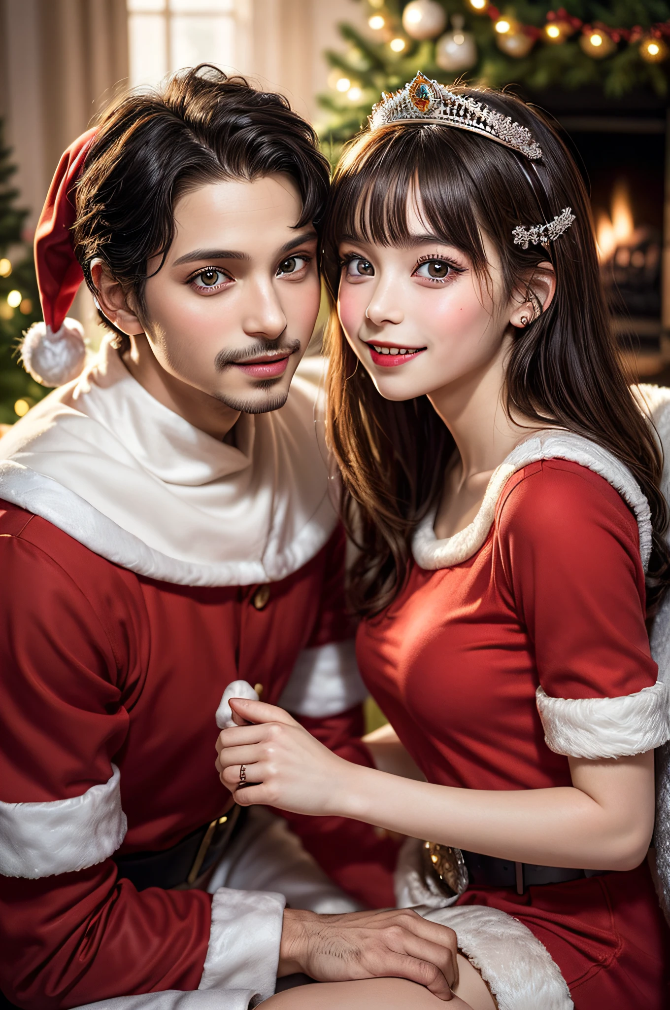 (photo of young prince and young beautiful princess:1.6), (Photo illustration of santa claus prince and beautiful princess:1.3), Realistic portrait, Amazing face and eyes, (Best Quality:1.4), (Ultra-detailed), (extremely detailed CG unified 8k wallpaper), Highly detailed, christmas night, wrapped in warm light, Smiling happily, Prince Santa Claus brought many presents., White wallpaper, fireplace, Christmas, Christmas Ornaments, Christmas tree, happiest time, Wrapped in love, Happy expression, Highest image quality, Top resolution, depth of fields,