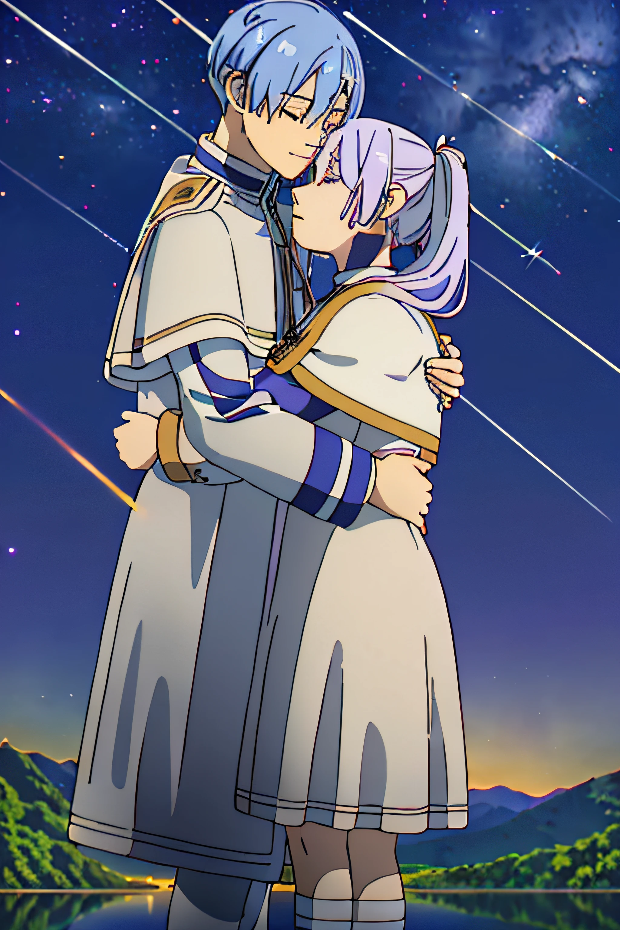 ((frieren)) and ((Himmel)) hugging, about to kiss, in front of a lake, nighttime, meteor shower, (Masterpiece, Best Quality, HDR, Highres:1.4), (Himmel has bowl cut, blue hair, white cape, blue jacket), (frieren has twintails, purple hair, striped shirt, long sleeves, red earrings, white capelet, elven pointy ears).