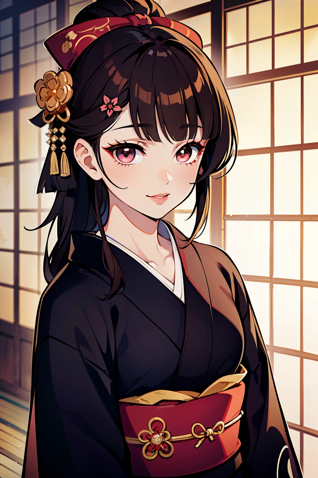 (high-quality, breathtaking),(expressive eyes, perfect face) (((yukata, sexy lips)), 1girl, female, solo, young adult, brown hair, black coloured eyes, stylised hair, gentle smile, medium length hair, loose hair, side bangs, tied up, japanese clothing, elegant, soft make up, hair pin accessory in hair, oiran, demon slayer art style