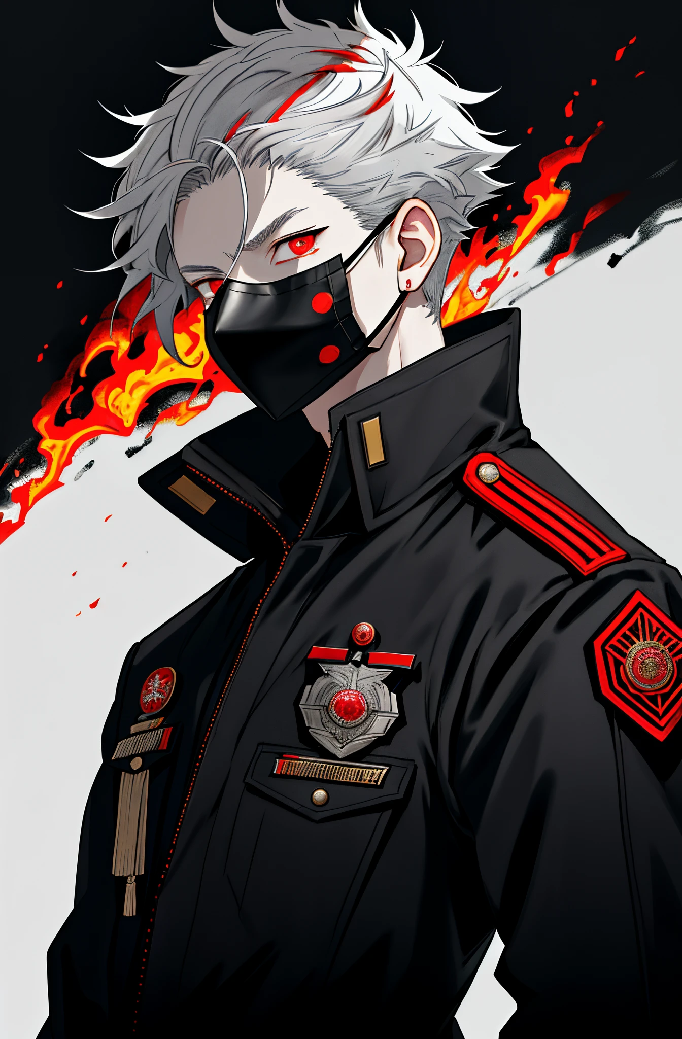 Wearing a black jacket with a flame pattern,Mix gray hair with red hair,黑The eye,Wear a mask,Wear silver military badge,Burning background,male people,There a flame burning on the body,Use fire skills,Short hair details,White-colored skin,Thin face